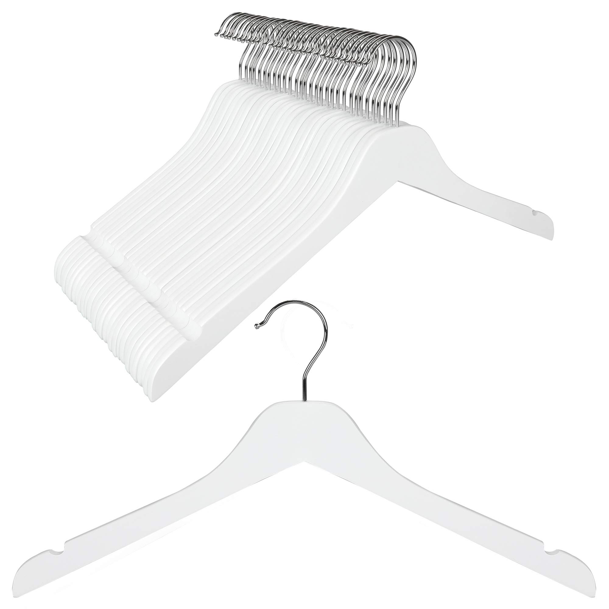 TOPIA 30 Pack White Wooden Clothes Hangers - 0.28 Inch Slim Space Saving Hangers with Smooth Notches for Shirts, Coats & Camisoles | Durable Flat Design Wood Hanger for Closet Organization & Retail Display