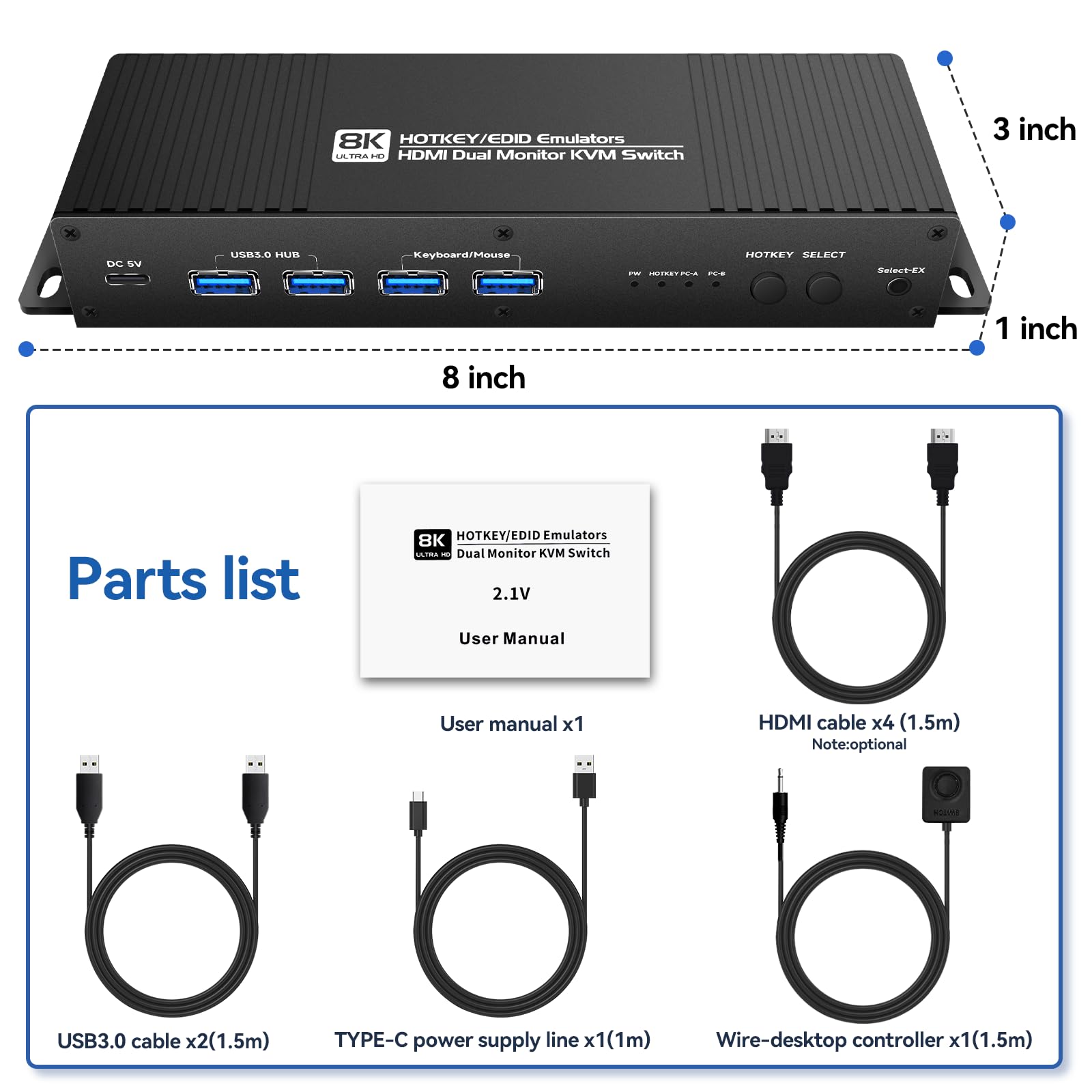 HDMI KVM Switch for 2 Monitors & 2 Computers - 4K 144Hz EDID Emulator with Hotkey Switching, Dual Monitor Support for Extended Display - Perfect for Gaming, Office & Multi-Task Setup