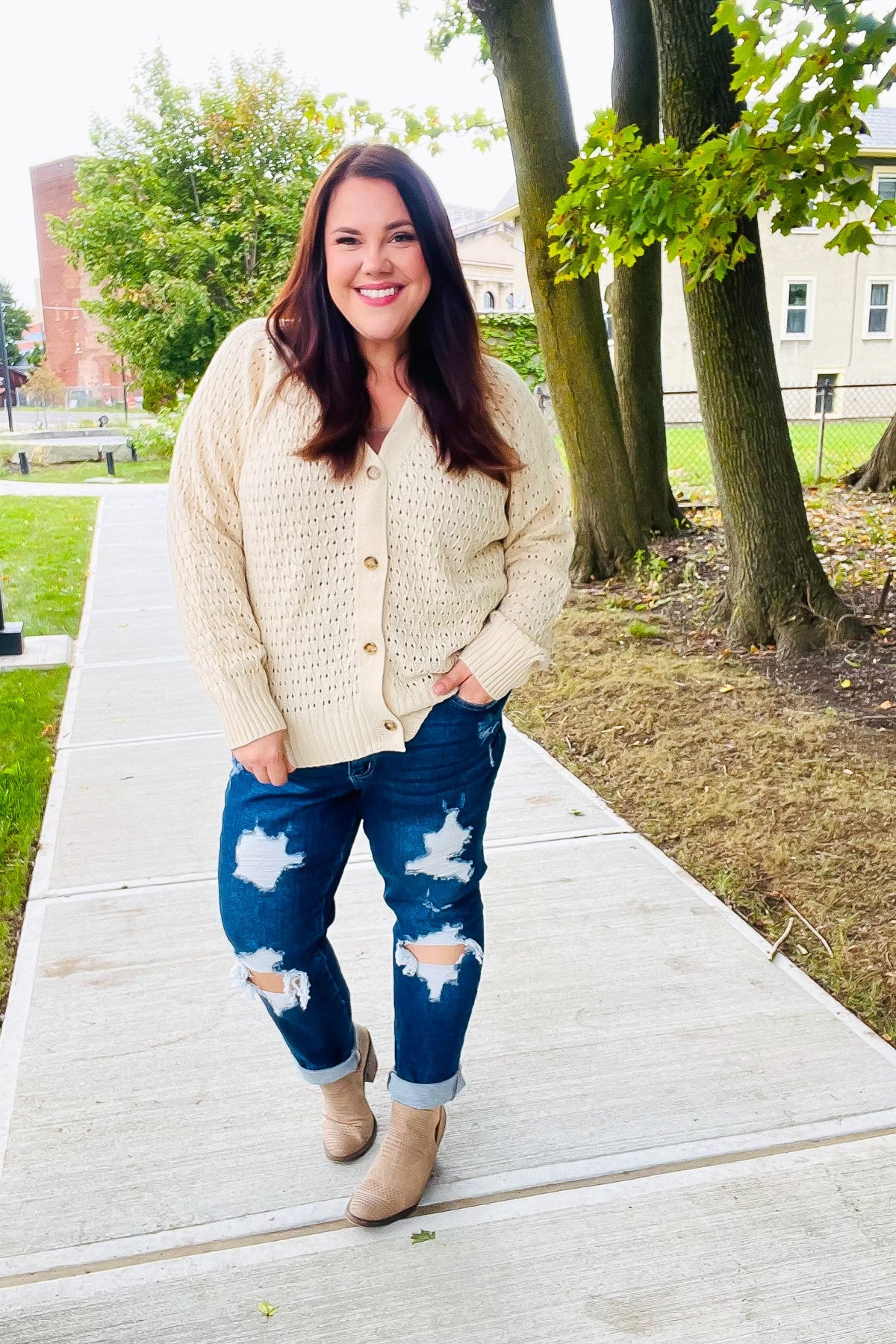 Follow Me Oatmeal Pointelle Knit Button Down Cardigan - Cozy Women's Sweater for Fall & Winter | Perfect for Office, Date Night & Casual Outfits
