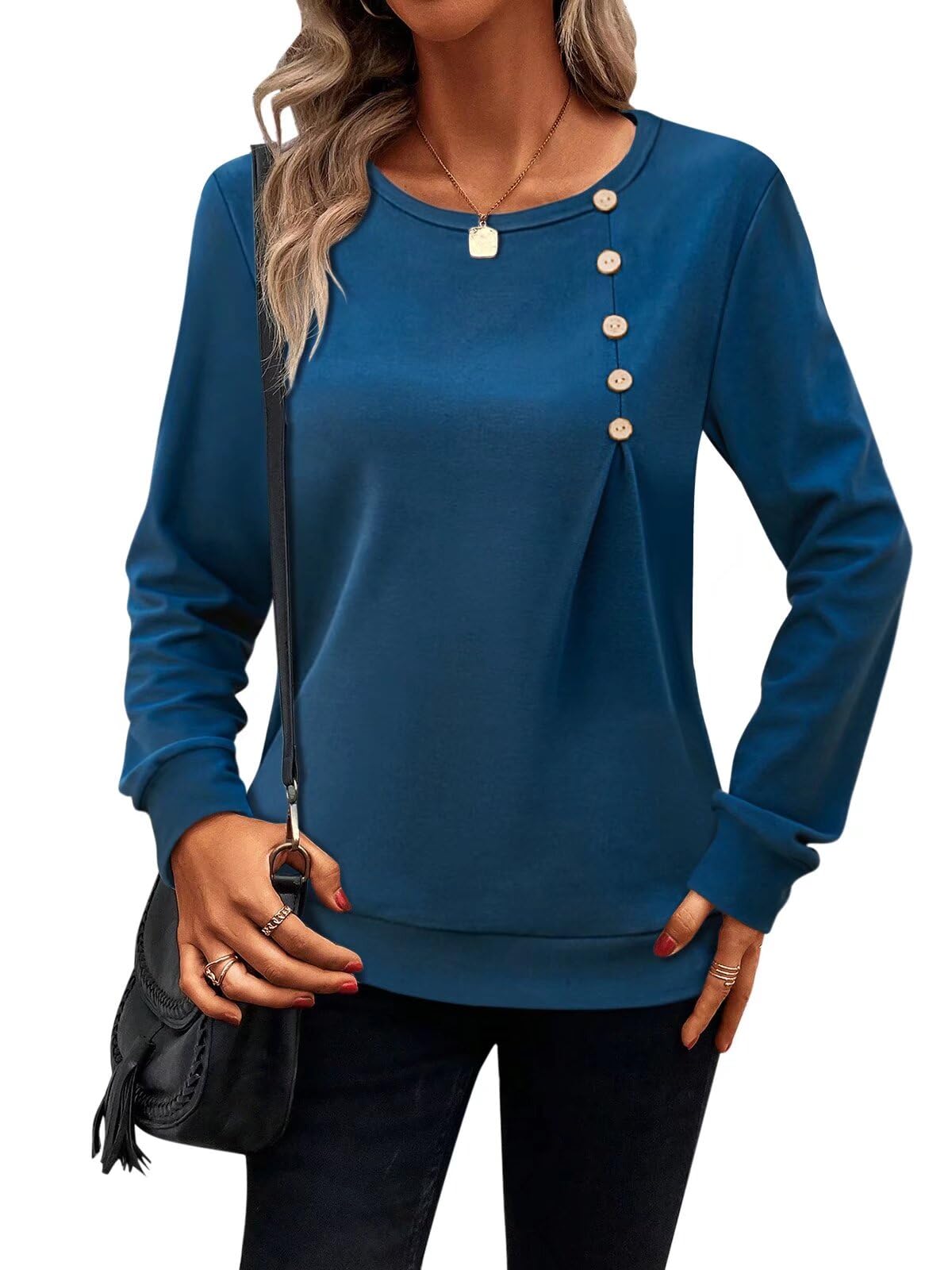 Women's Casual Long Sleeve Crewneck Henley Shirt - Loose Fit Pullover Tunic Top for Fall | Comfortable Everyday Wear, Layering Essential & Office Outfits