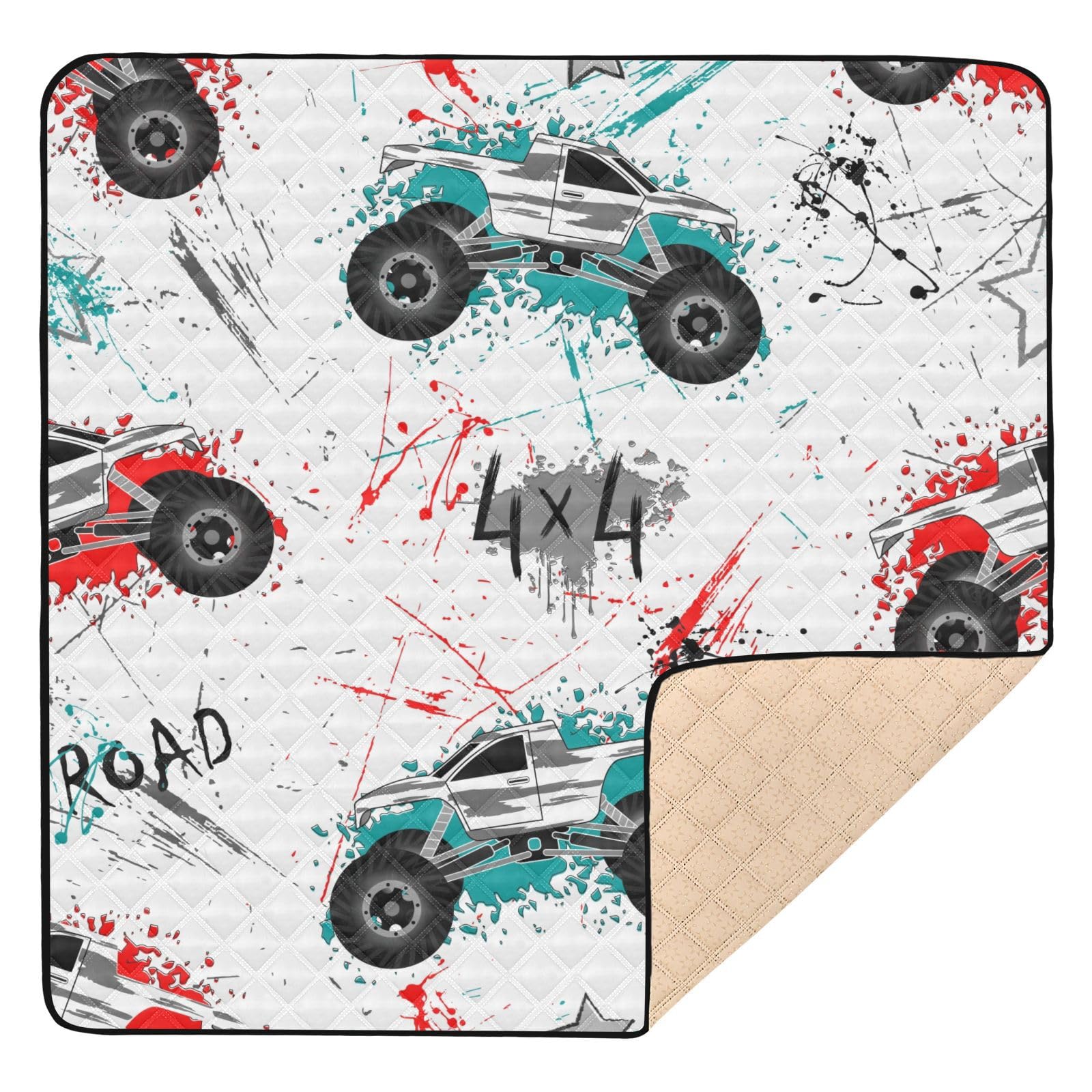 Soft Non-Toxic Baby Play Mat - Green & Red Trucks Design 50x50 Inch - Safe Crawling Mat for Infants 0-12 Months | Perfect for Nursery, Playroom & Daycare Floor Protection