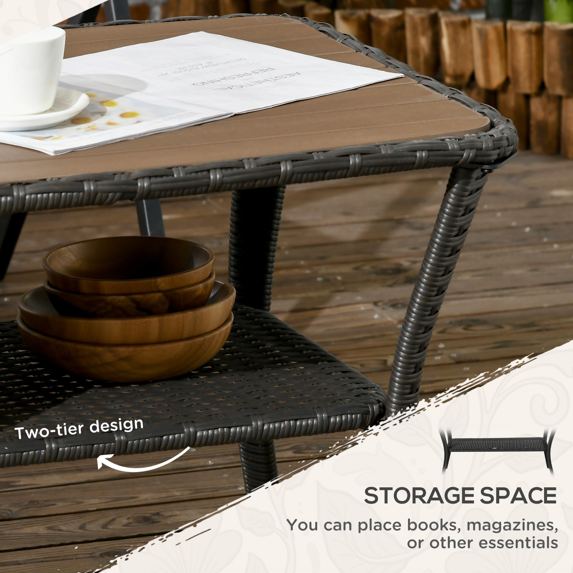 Outsunny PE Rattan Coffee Table with Storage Shelf - Hand-Woven Wicker Outdoor Side Table - 2-Tier Storage Design with Durable WPC Top - Perfect for Garden, Patio, Porch & Backyard - Mixed Brown Finish - Ideal for Outdoor Entertaining & Relaxation