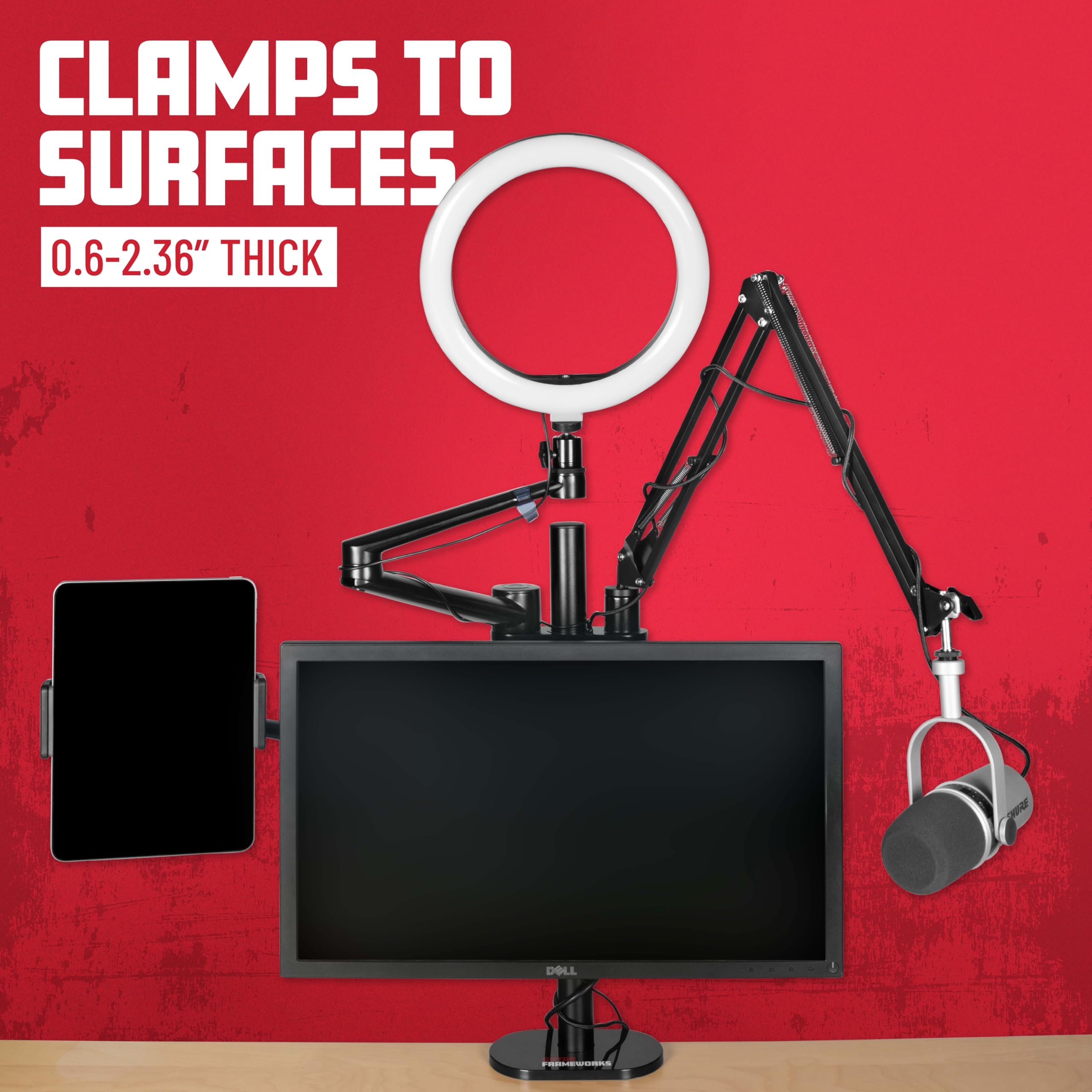 Gator Frameworks 6-in-1 Content Creator Streaming Desktop Stand Set - Smartphone, Tablet & Laptop Holder with VESA Mount, Ring Light & Mic Boom Arm (Black, GFW-STREAMSTAND) - Perfect for Live Streaming, YouTube Videos, Podcasting & Home Office Setup