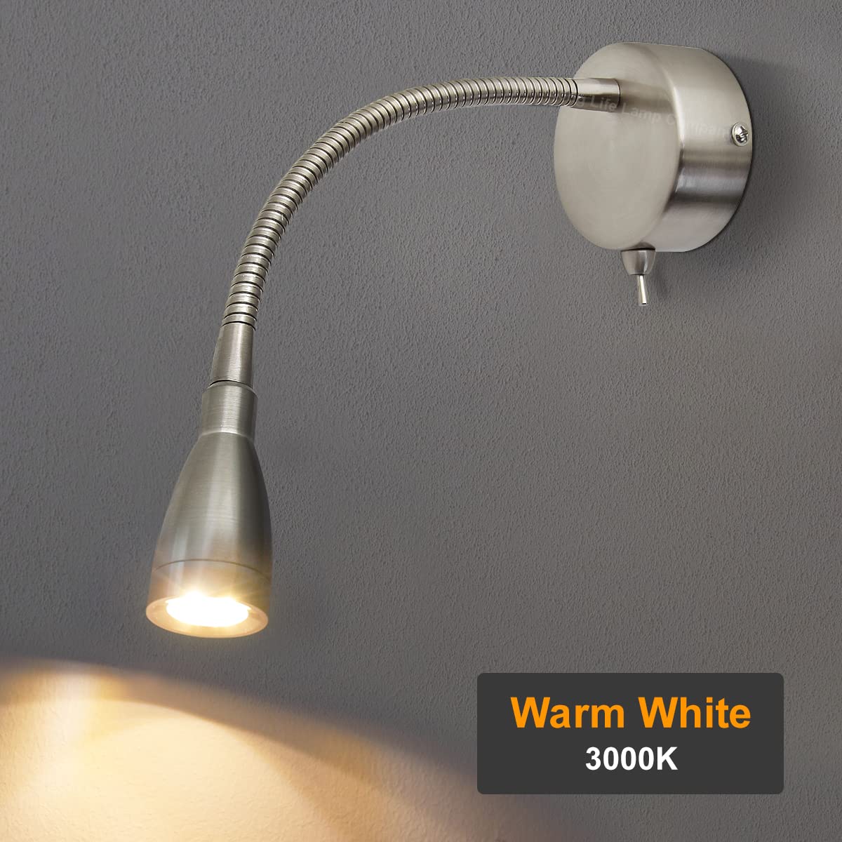 Long Life LED Bedside Reading Light - Wall Mounted Flexible Arm Headboard Lamp with Switch, 3000K Warm White, Brushed Chrome (H3049) - Perfect for Bedrooms, Dorms, and Nighttime Reading