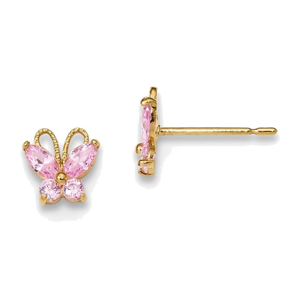 14K Yellow Gold Pink CZ Butterfly Stud Earrings for Women - Elegant & Dainty Jewelry Gift for Birthday, Anniversary, or Everyday Wear