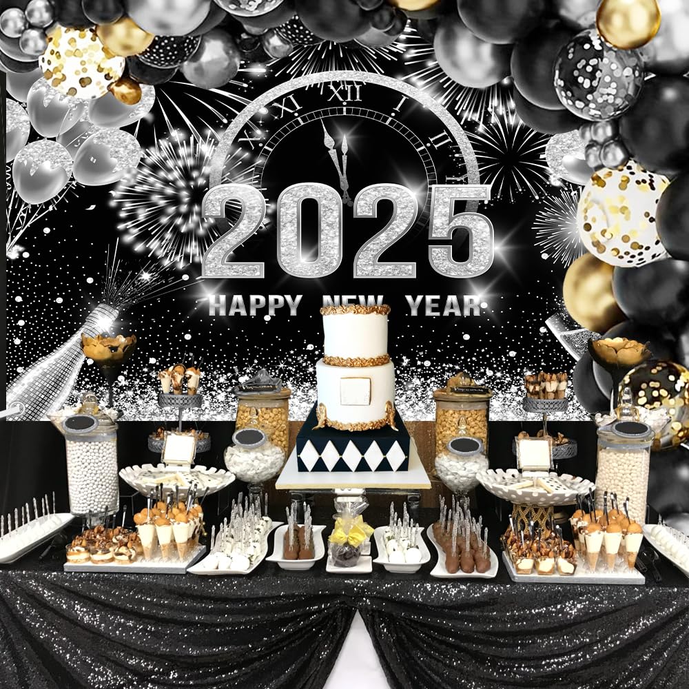MEHOFOND 7x5ft Black and Silver 2025 Happy New Year Backdrop - Champagne Balloon Fireworks Glitter Dots Photo Booth Props for New Year Eve Party, Home Decor, Social Media Background & Photography Studio Scenes