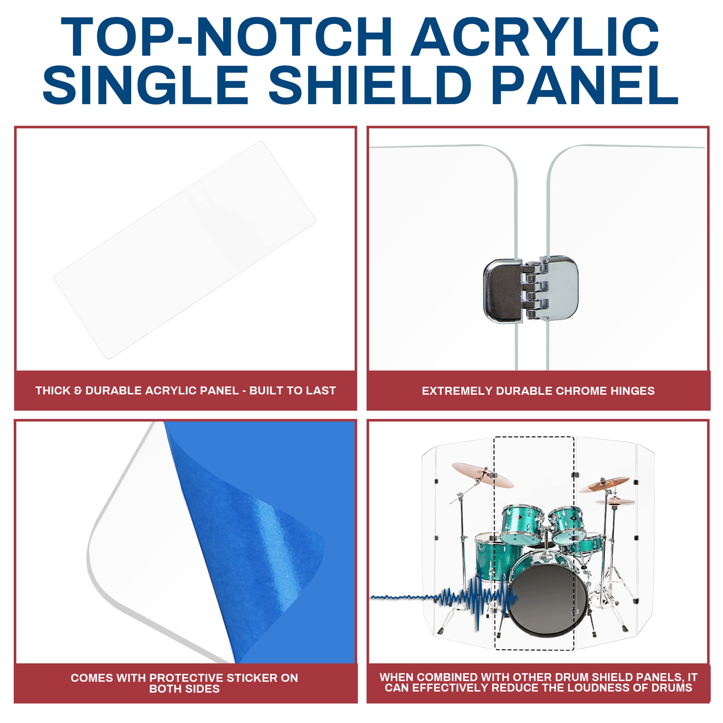 5.5ft Drum Shield with Bright Chrome Hinges - Clear Acrylic Drum Screen for Noise Reduction | Perfect for Home Studios, Live Performances & Practice Sessions