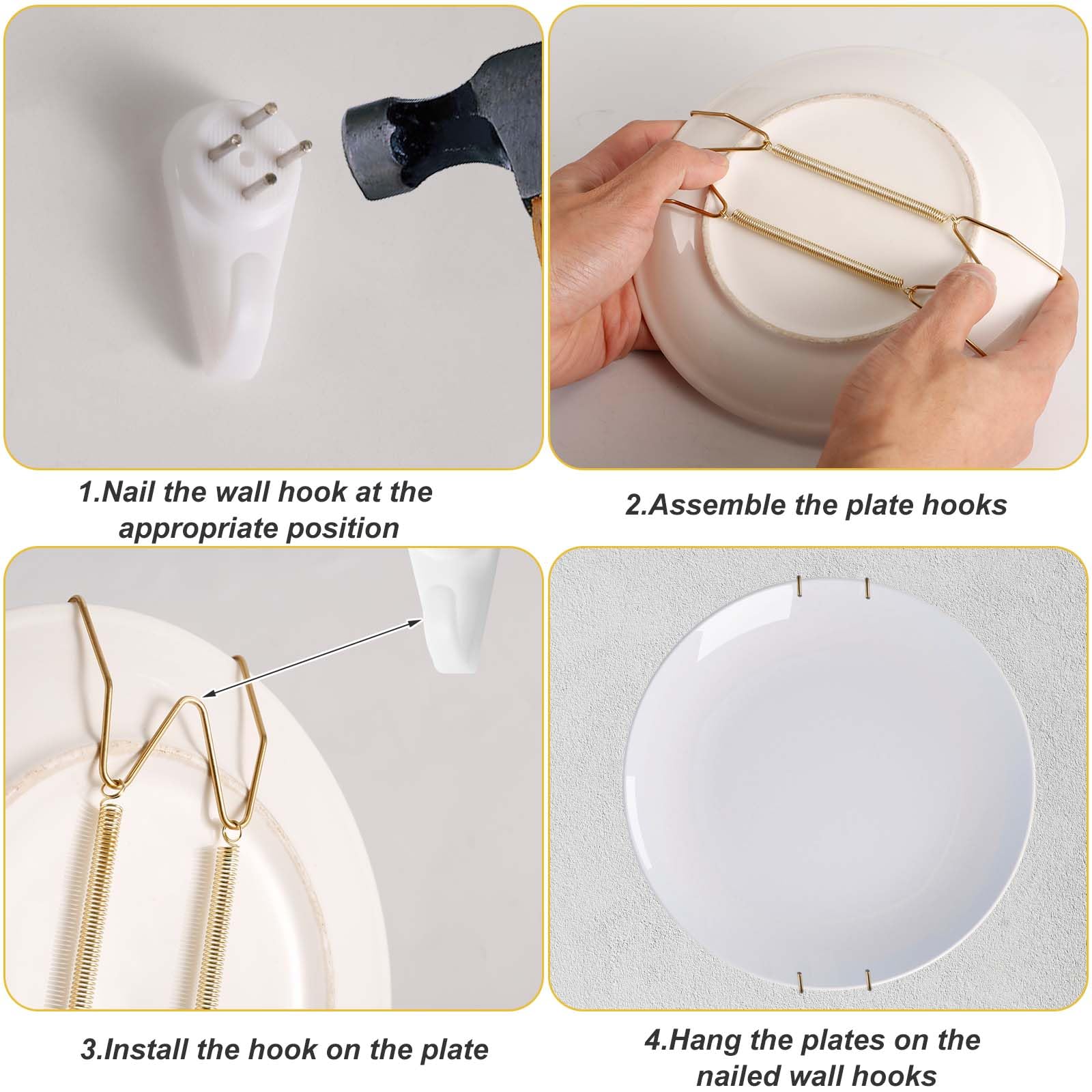 4 Pack Gold W-Shaped Plate Hangers for Wall - 6/8/10/12 Inch Stainless Steel Plate Holder Hooks - Vertical Display Mount for Decorative Plates, Antique Arts & Collectibles - Perfect for Dining Room, Kitchen Decor & Wall Gallery Display