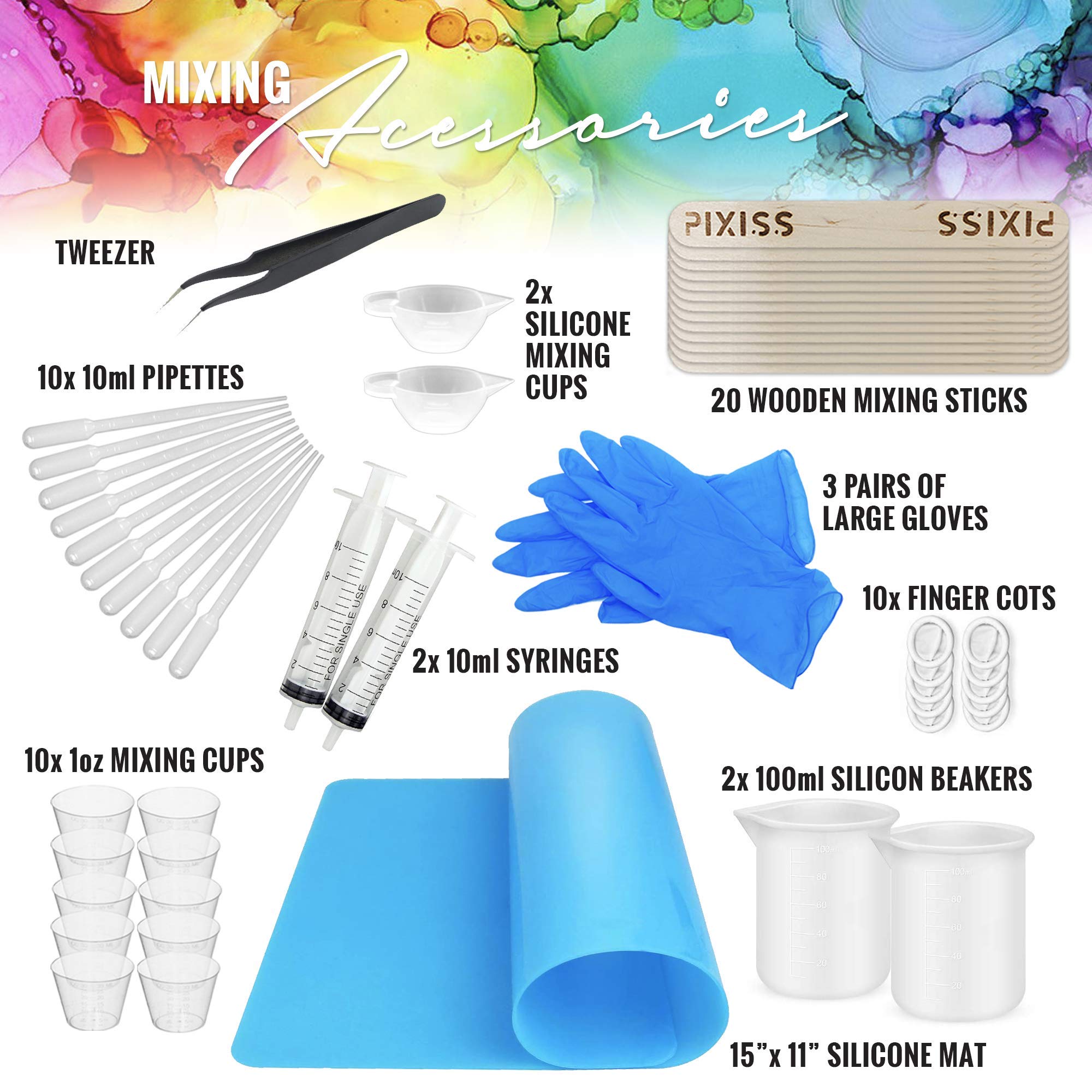 Pixiss 100ml Silicone Resin Measuring Cups Kit - 1oz Epoxy Resin Mixing Tools with Popsicle Sticks, Pipettes, Finger Cots, Gloves & Mat for Jewelry Making, DIY Crafts, Resin Art, and Mold Casting