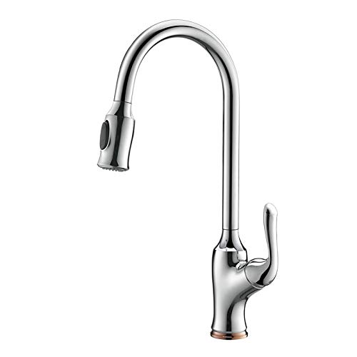 KJZY50 Pull-Down Kitchen Sink Faucet - Lead-Free Copper Mixer Tap with Pull-Out Sprayer in Silver Finish | Perfect for Modern Kitchens, Dishwashing & Food Prep