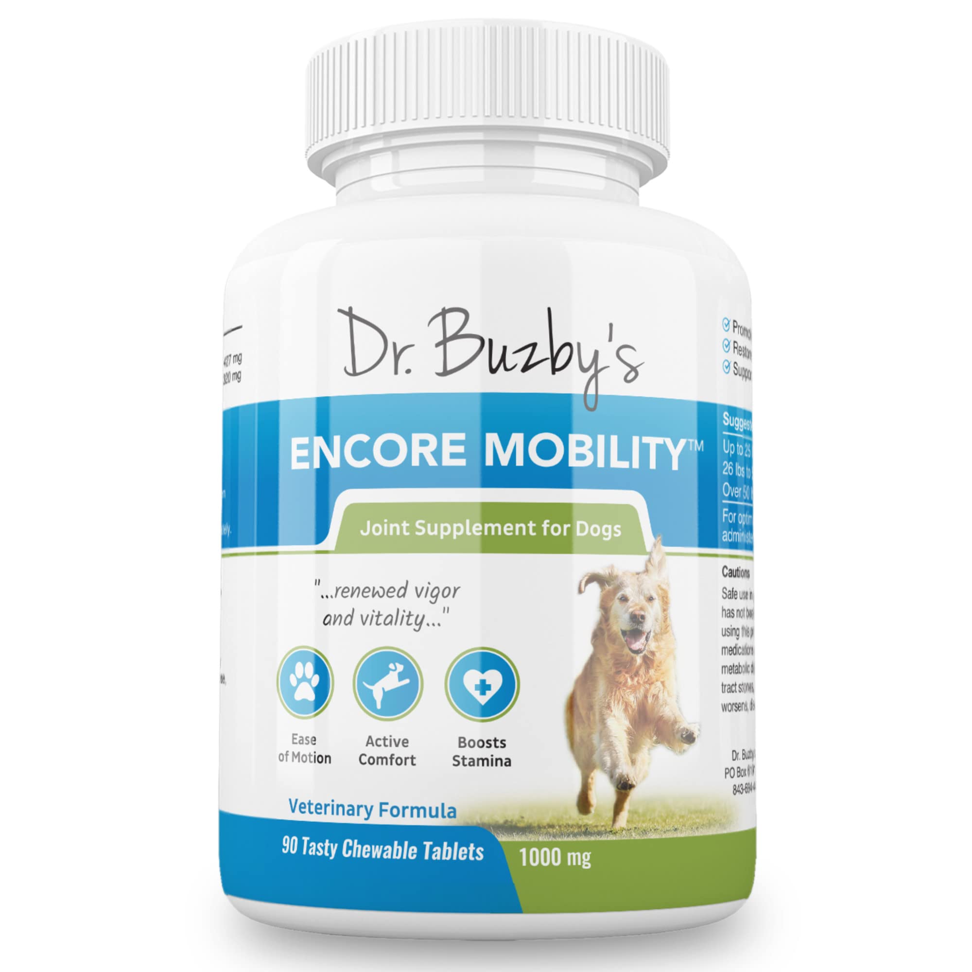 Dr. Buzby's Encore Mobility Hip & Joint Supplement for Senior Dogs - 90 Chewable Tablets with Natural New Zealand Deer Velvet & Green Lipped Mussel - Dog Joint Pain Relief & Mobility Support for Aging Pets - Perfect for Daily Use & Post-Activity Recovery