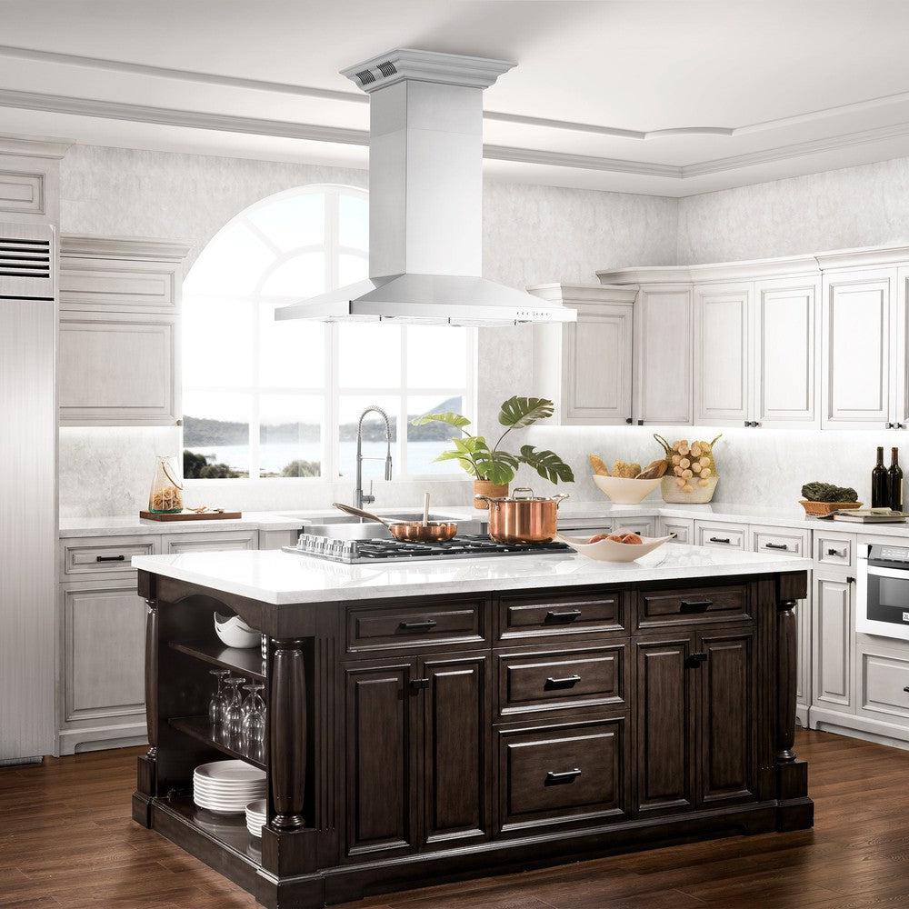 ZLINE GL2iCRN BT Stainless Steel Island Mount Range Hood with Built-in CrownSound Bluetooth Speakers - Premium Kitchen Ventilation for Modern Homes, Perfect for Cooking & Entertaining