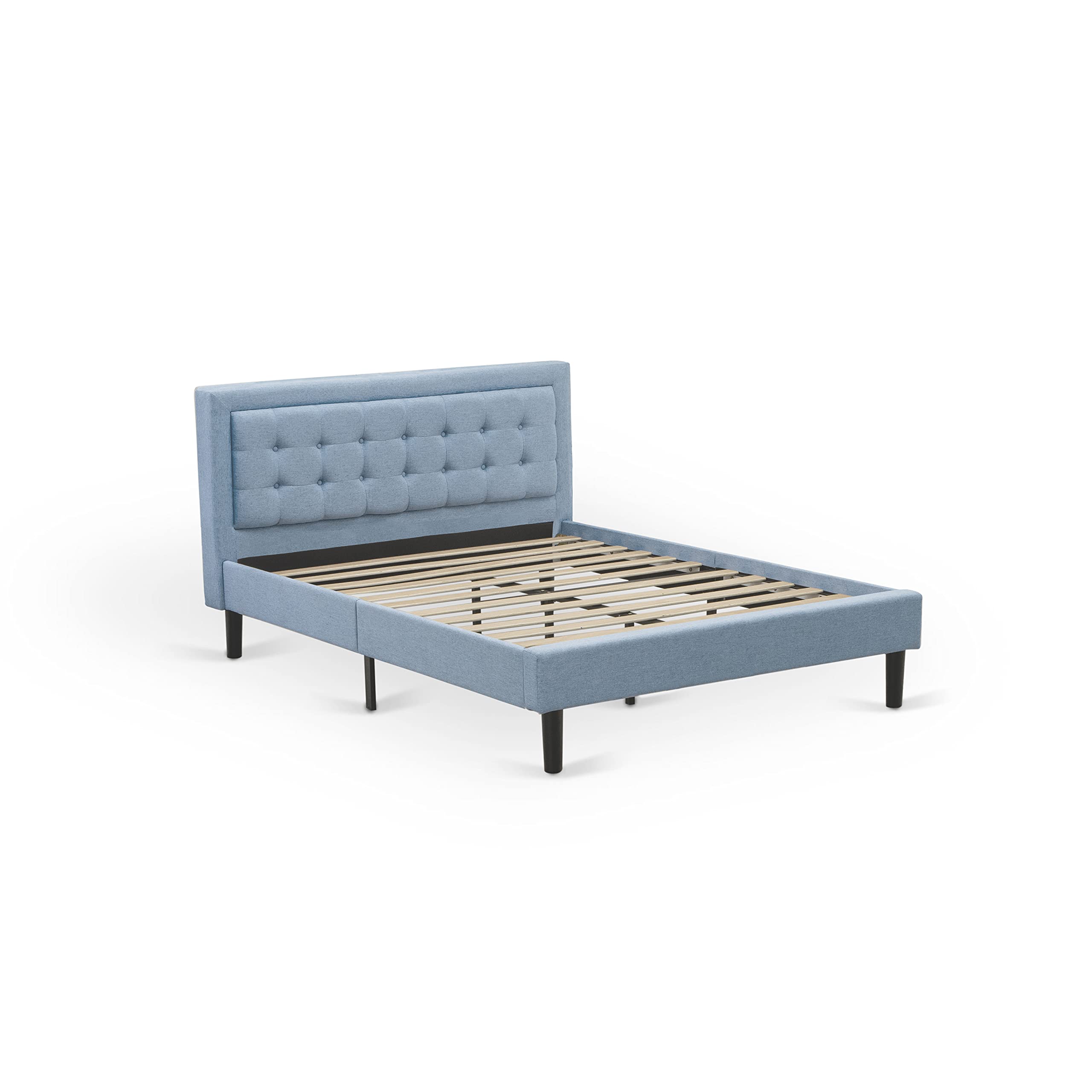 East West Furniture FNF-11-Q Queen Size Upholstered Platform Bed - Denim Blue Linen Fabric with Button Tufted Headboard & Black Legs | Modern Bedroom Furniture for Master Bedroom, Guest Room & Apartment