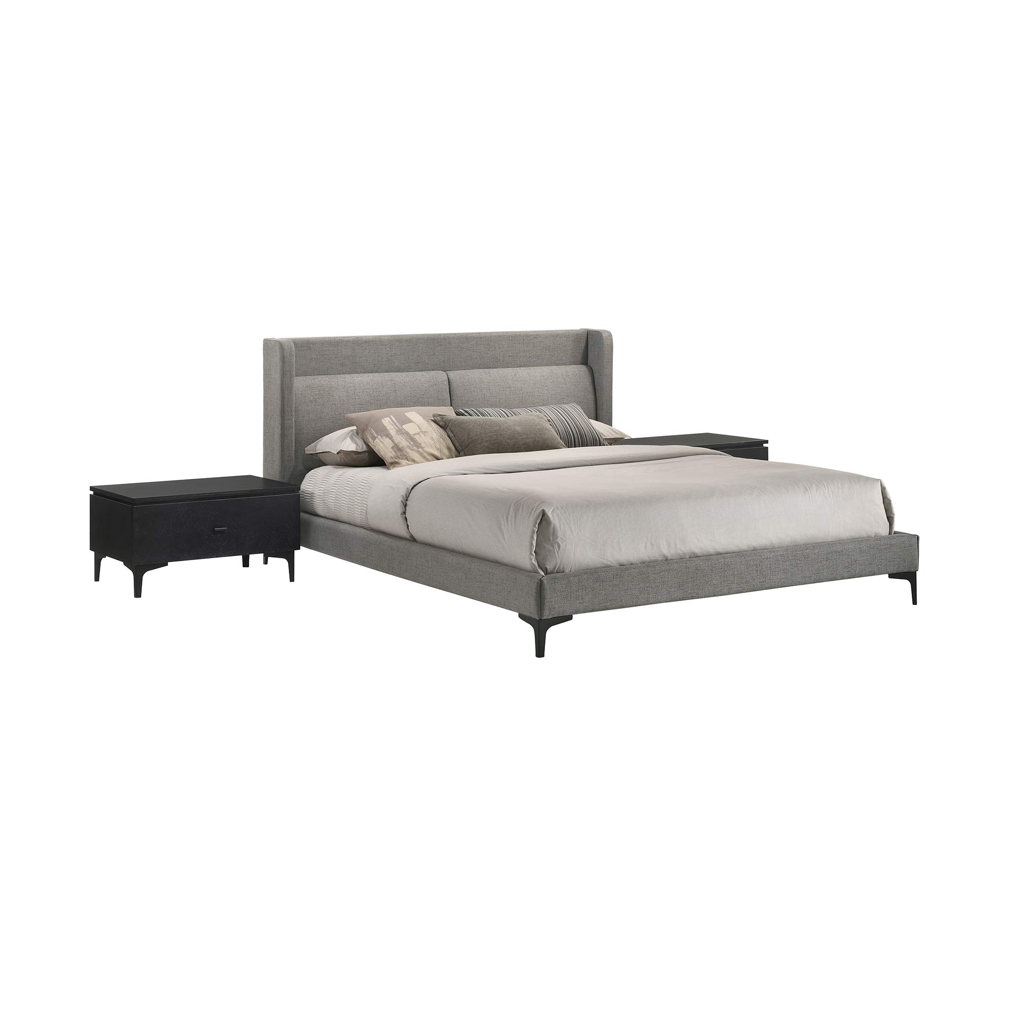 Armen Living Legend 3-Piece Queen Size Bedroom Set with Platform Bed and Nightstands, Gray/Black Fabric - Perfect for Modern Master Bedrooms and Guest Rooms