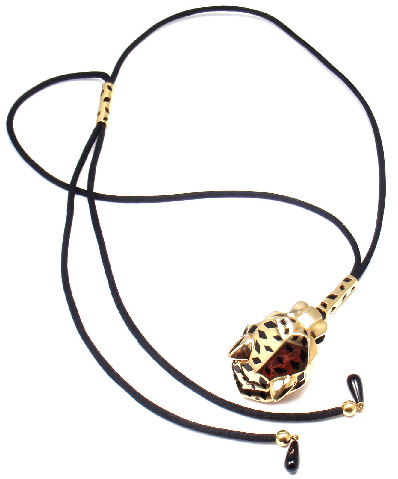 Authentic Cartier Panther Panthere 18k Yellow Gold Emerald Lacquer Cord Necklace - Luxury Jewelry for Women, Elegant Gift for Birthday & Anniversary | Perfect for Parties, Weddings & Special Occasions