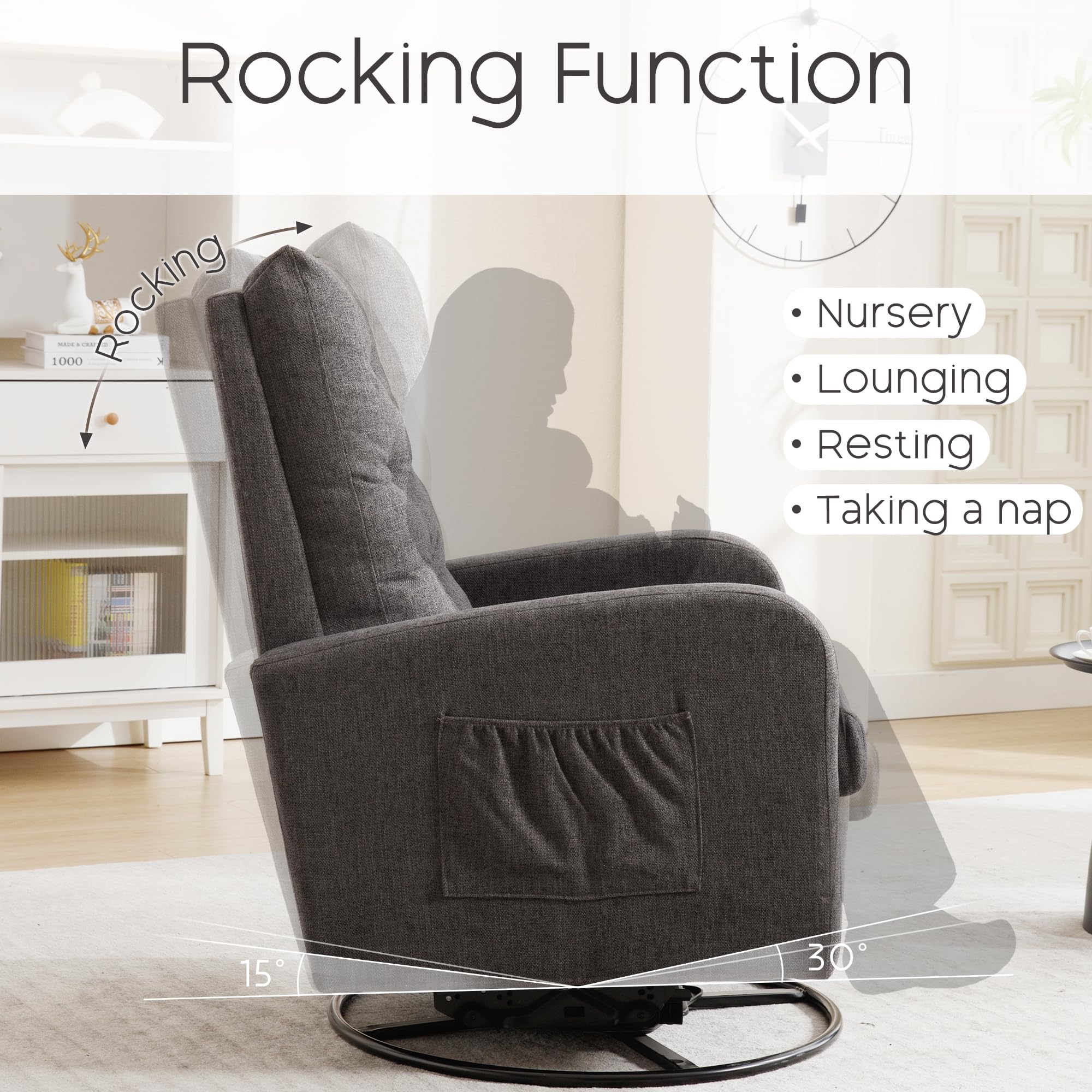 360° Swivel Rocking Chair Nursery Glider - Modern Padded Armchair with Teddy Fabric for Living Room, Bedroom & Nursery | Comfortable Breastfeeding Chair for Moms, Adults (Dark Grey) | Perfect for Nursing, Reading & Relaxing