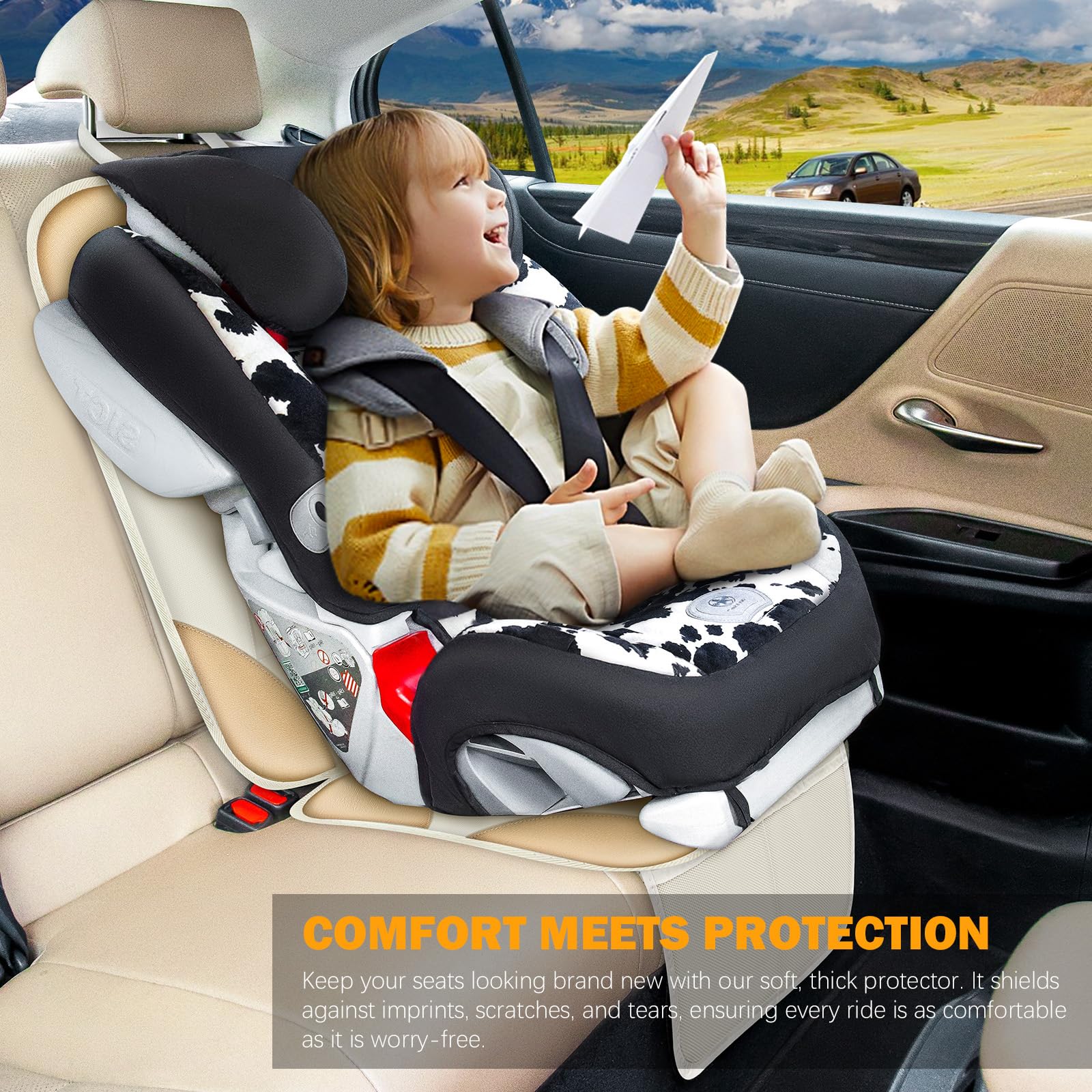 Siivton Waterproof Car Seat Protector for Child Safety Seats - 600D Fabric Cover with Non-Slip Backing & Thick Padding - Mesh Storage Pockets - Protects Leather & Fabric Car Upholstery (Off-White) - Perfect for Family Road Trips, School Runs & Daily Commutes