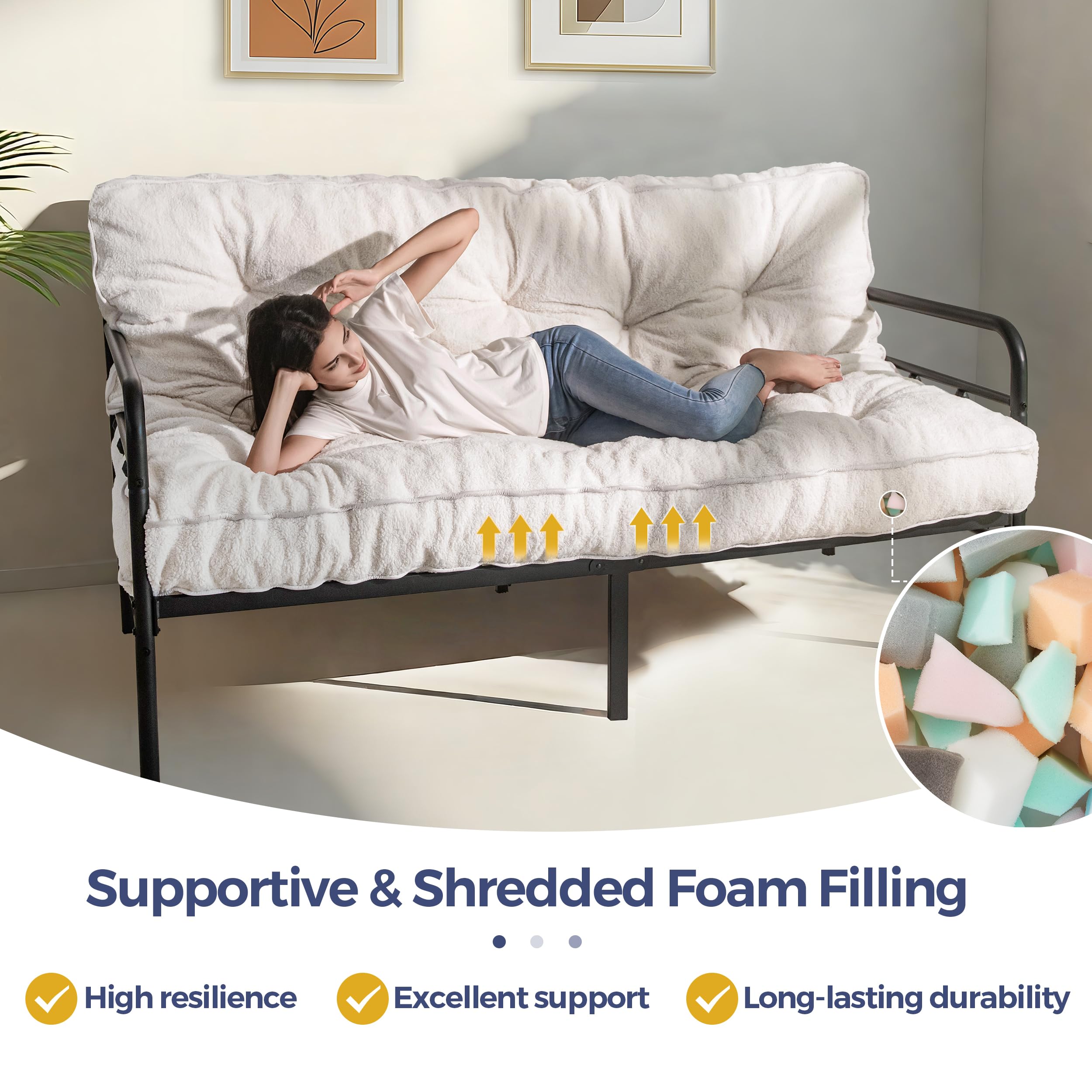 MAXYOYO 6-Inch Full Size Futon Mattress - Thick Boucle Sofa Bed with Shredded Foam Filling for Adults (Frame Not Included) | Perfect for Guest Rooms, Dorms, Apartments & Floor Sleeping - Beige