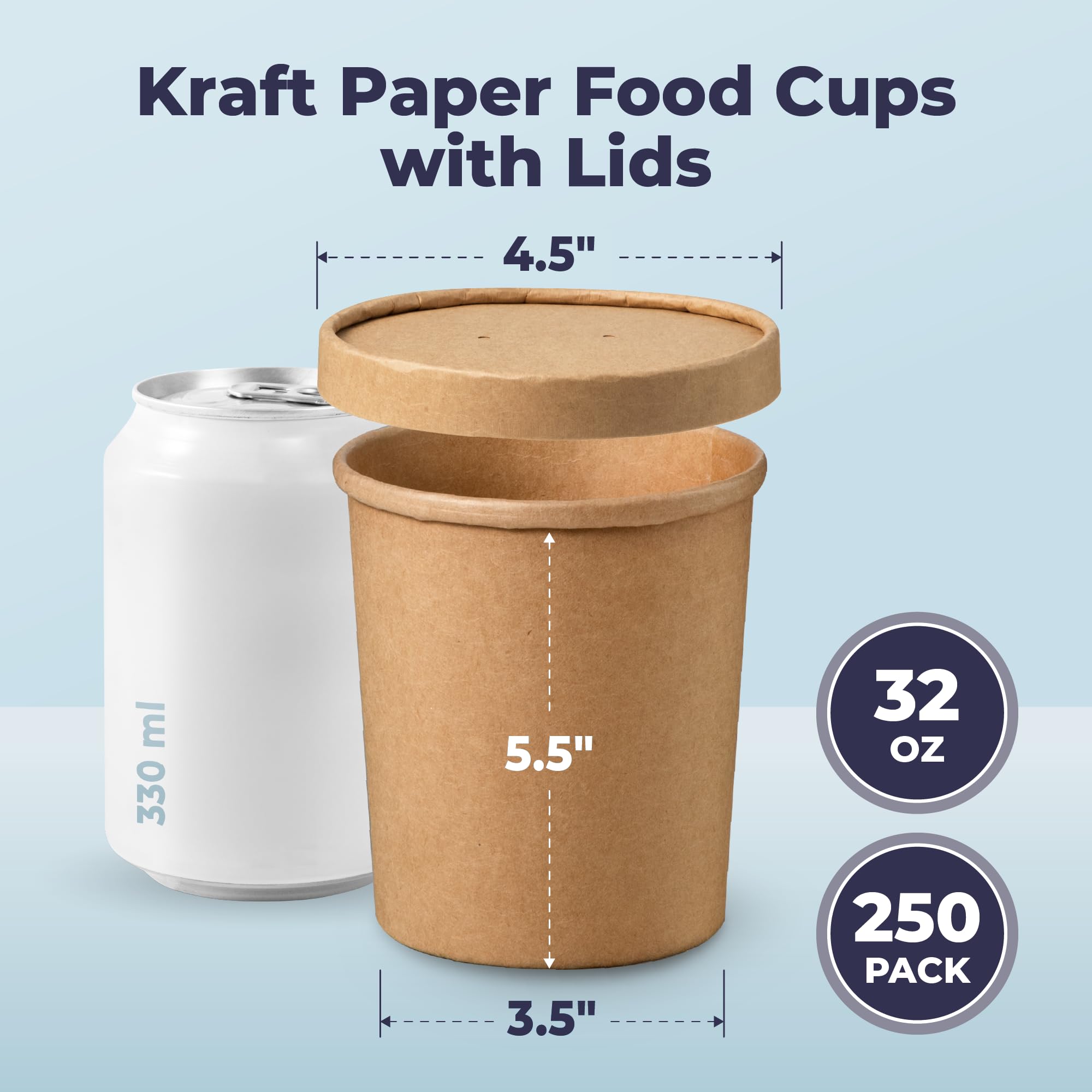 250-Pack 32 oz Kraft Paper Soup Containers with Vented Lids - Eco-Friendly Disposable Food Containers for Hot & Cold Meals, Restaurants, Takeout, Meal Prep, Salads, Stews, Frozen Yogurt & Ice Cream | Perfect for Catering, Food Trucks & Home Use
