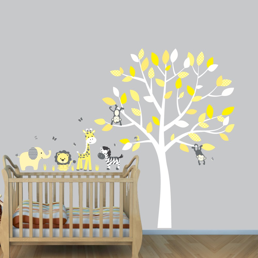 Yellow Gray Vinyl Tree Decals - Jungle Animal Stickers Set with Elephant, Lion, Giraffe & Monkey - Perfect for Nursery Wall Decor, Kids Room Art & DIY Scrapbooking Projects