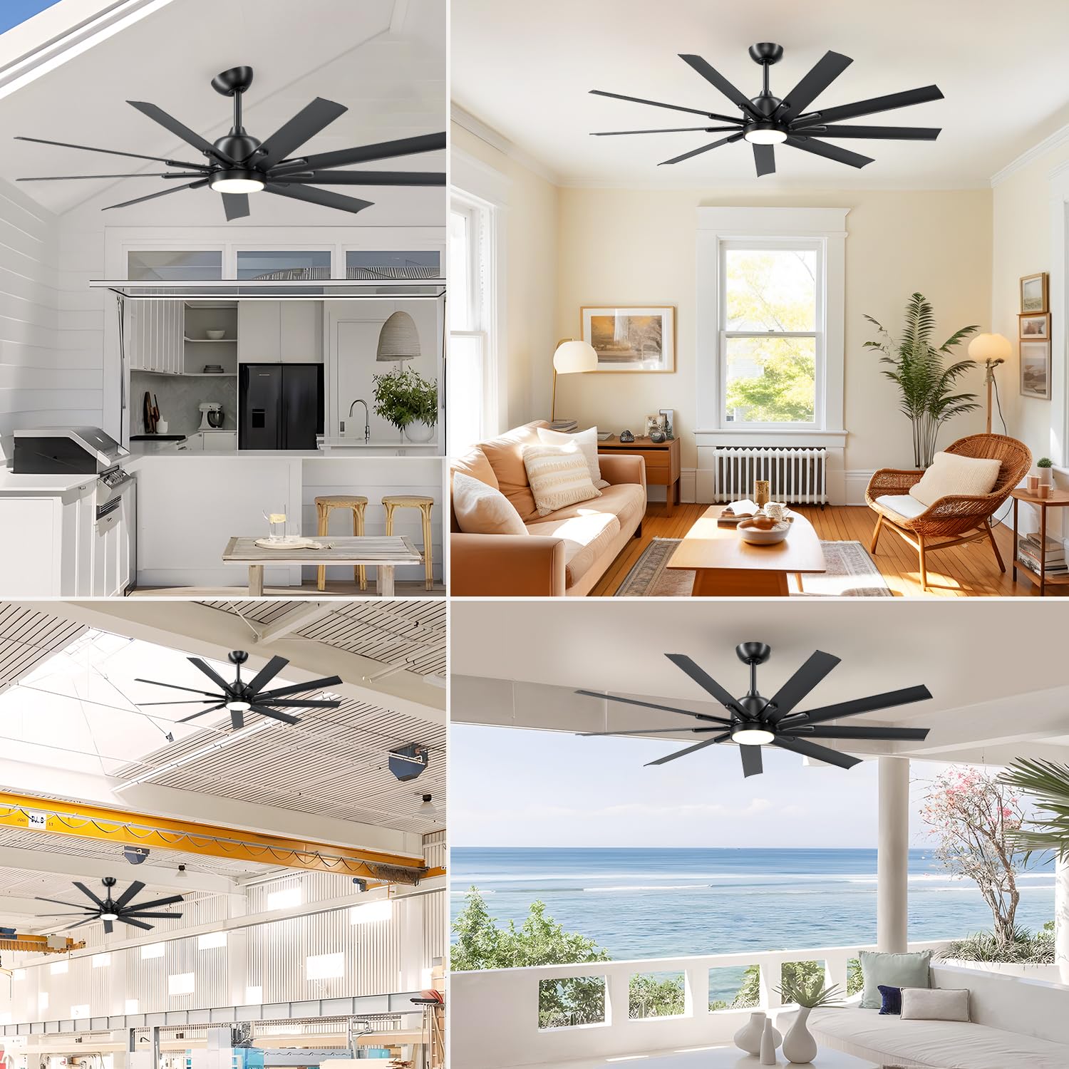 62 Inch Black Outdoor Ceiling Fan with Lights & Remote Control - 9 Blade Reversible DC Motor, Dimmable LED Light - Perfect for Bedrooms, Patios & Covered Porches