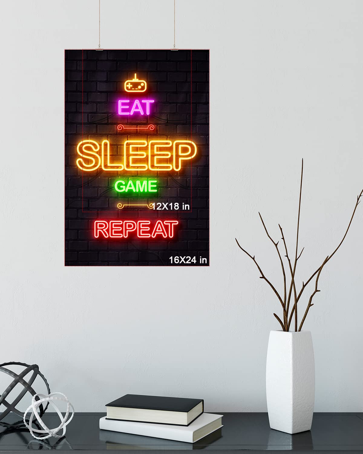 LIFVEAN 16x24in Unframed Gaming Posters for Boys Room - Cool Video Game Wall Art Decor for Bedroom & Gaming Room - Black Light Gamer Posters - Canvas Wall Decor - Perfect for Teen Boys Room, Game Themed Parties & Esports Fan Gifts - Eat Sleep Game Repeat