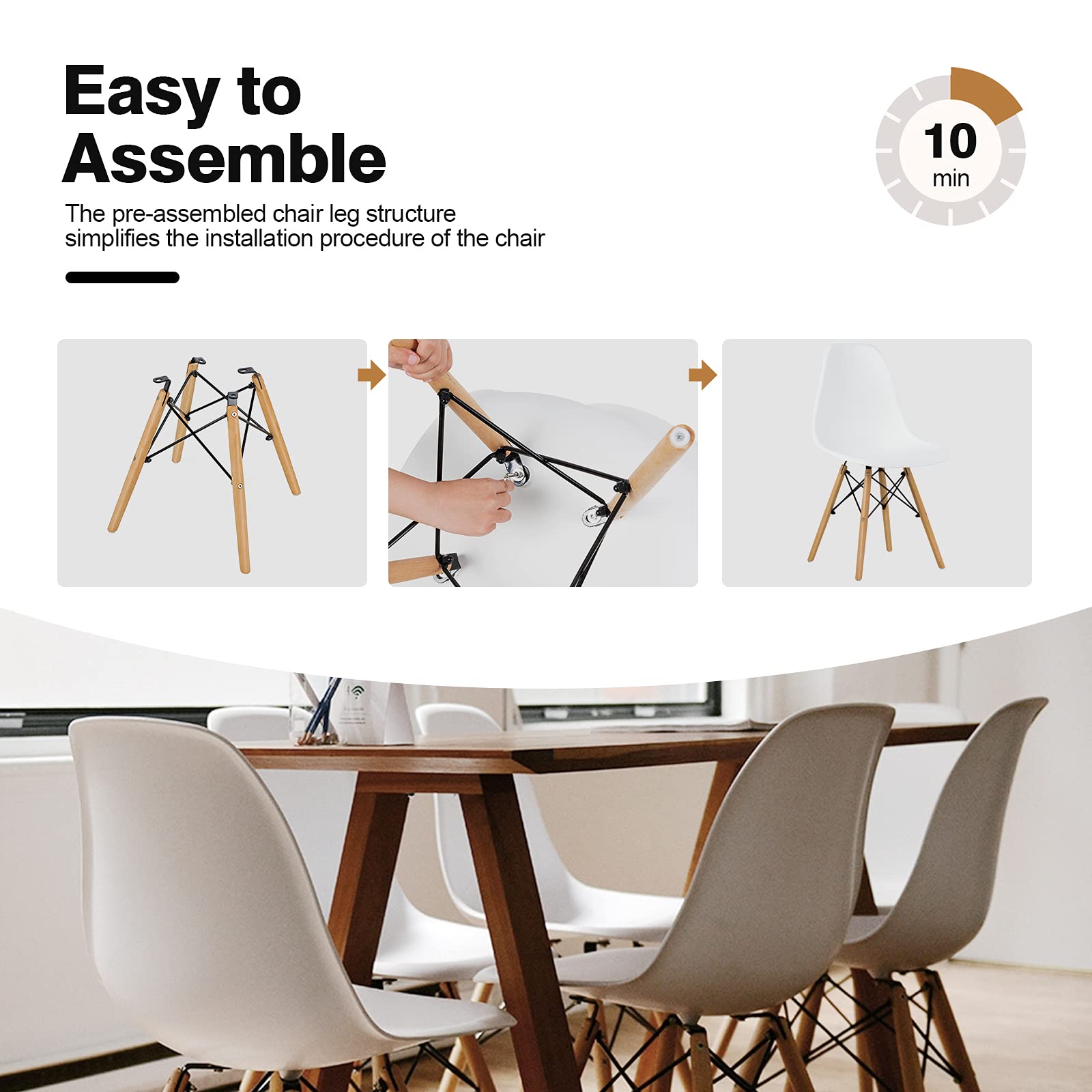 GOFLAME DSW Modern Dining Chairs Set of 2 - White Shell Plastic Chairs with Wooden Legs, Armless Kitchen Side Chairs for Dining Room, Living Room, Bedroom | Perfect for Small Spaces, Breakfast Nooks & Contemporary Home Decor