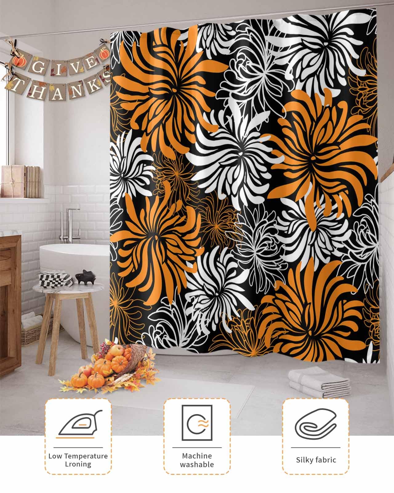 Waterproof Floral Chrysanthemum Shower Curtain Set with Hooks - 66x72 Inch Bathroom Decor for Bathtub & Shower - Perfect for Home, Apartment, and Hotel Use