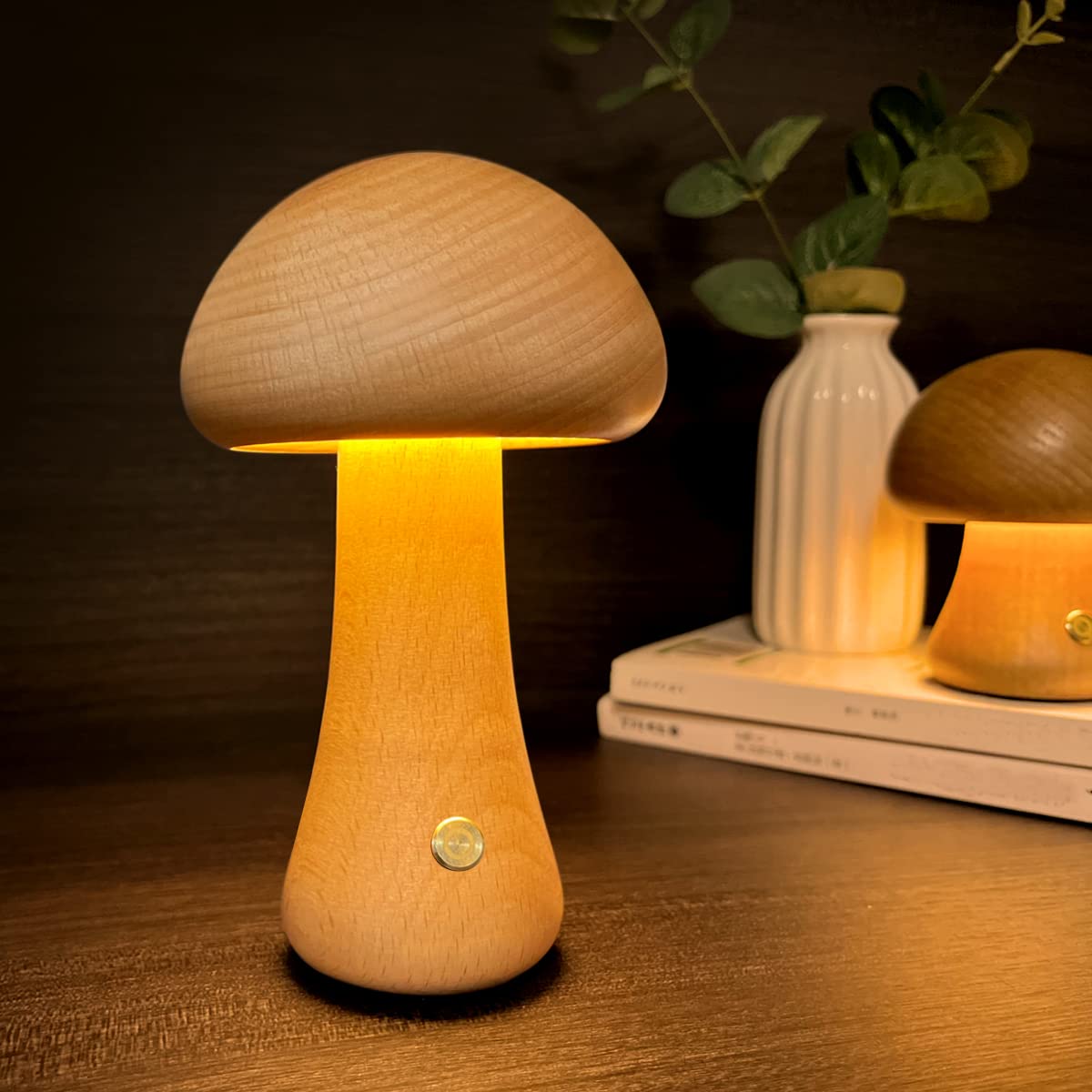 Rechargeable Mushroom Lamp - Cordless Wooden Night Light for Home Decor, Bedroom, Living Room & Dining Room | Portable LED Nightlight for Kids, Nursery, Relaxation & Ambiance