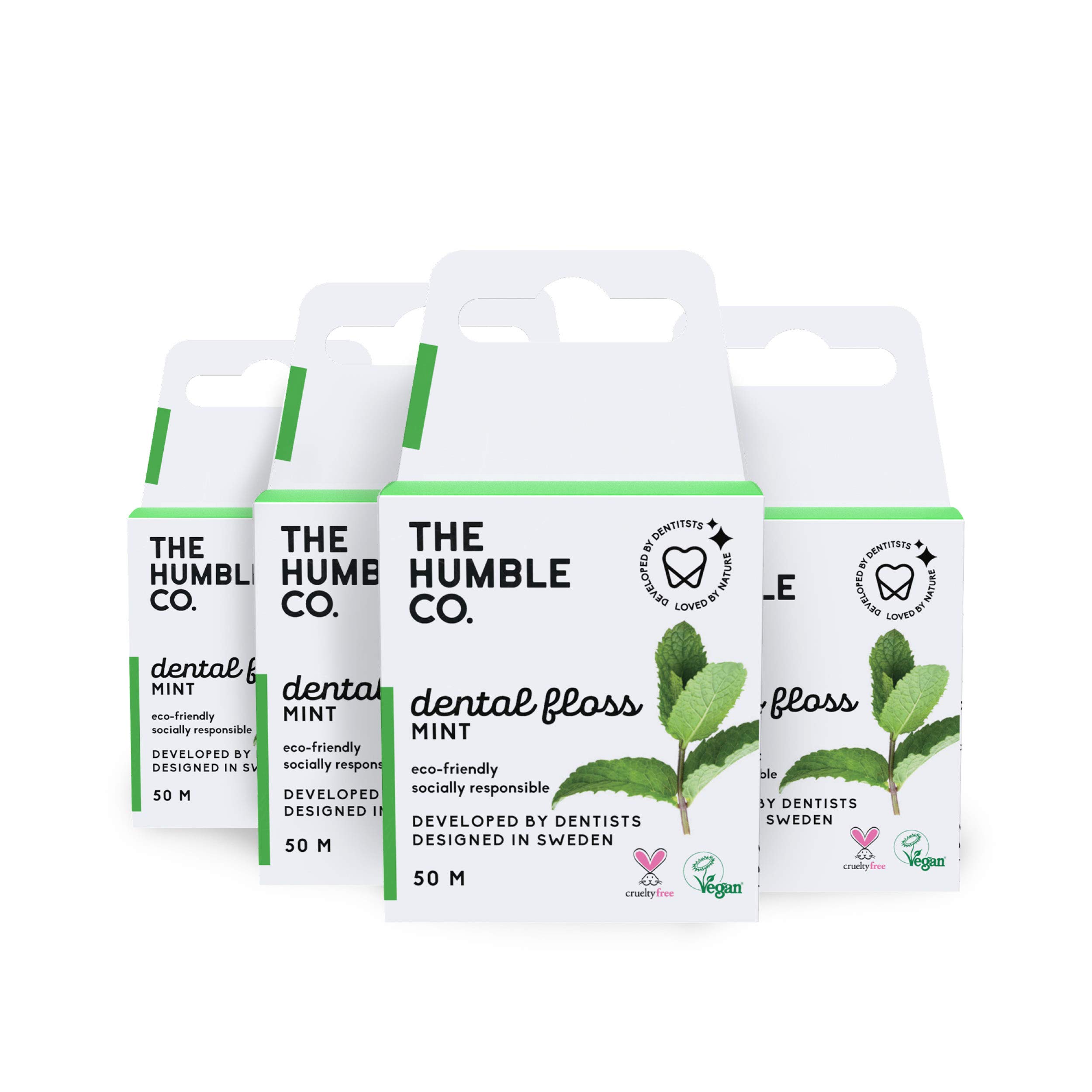 The Humble Co. Vegan Waxed Dental Floss with Xylitol (4-Pack, 55 Yards) - Mint Flavored Floss for Adults & Kids, Gentle Gum Care & Plaque Removal - Perfect for Travel, Home & Office Use
