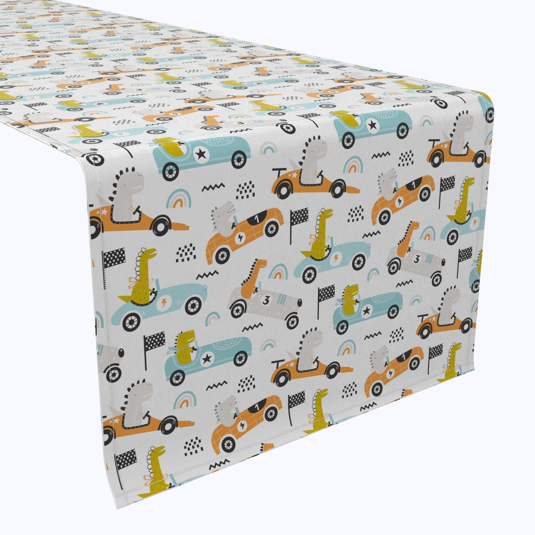 Dino Racers Themed Table Runners for Kids Birthday Party Decorations | Dinosaur Race Car Design Washable Fabric Table Decor for Dining Room & Kitchen