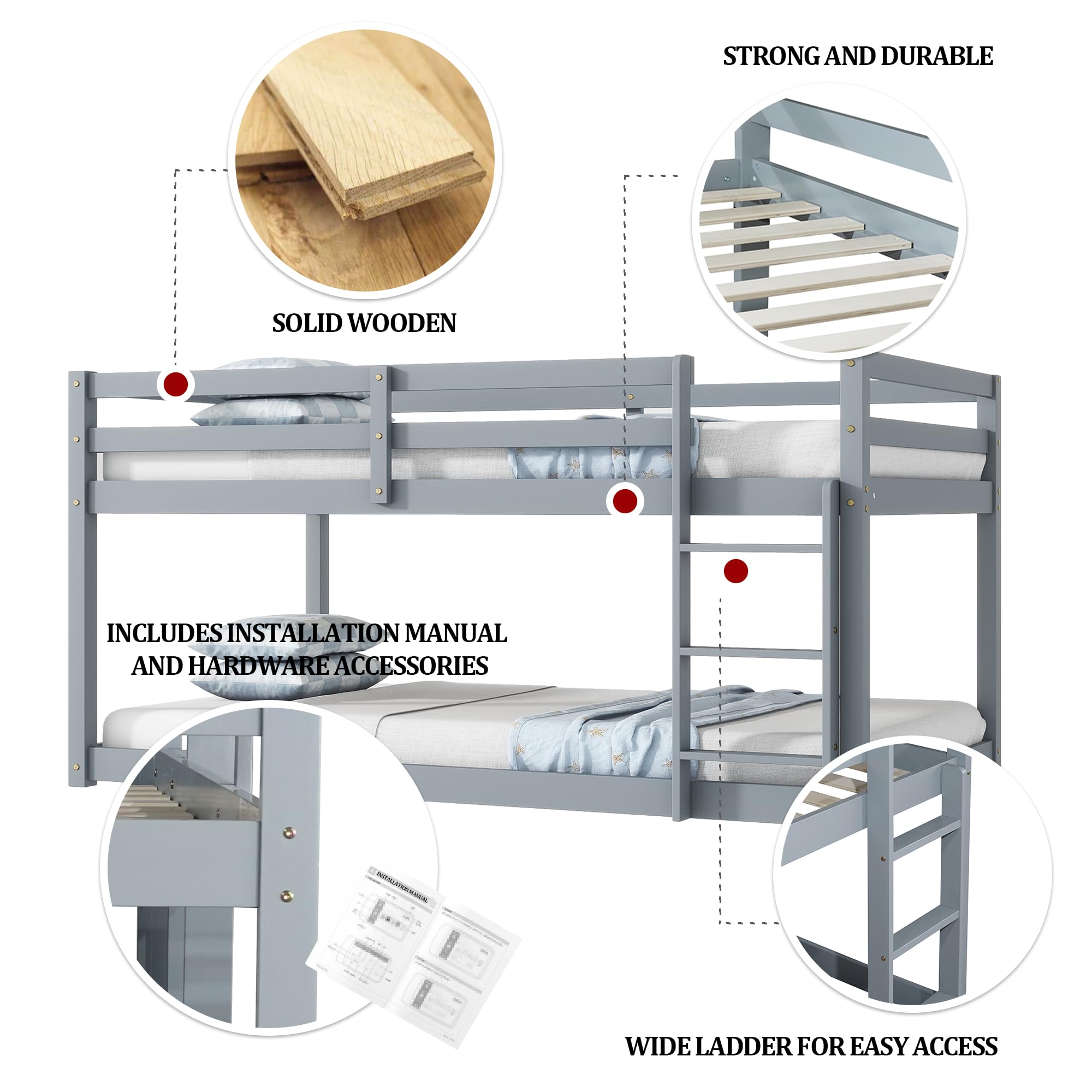 Twin Over Twin Low Bunk Bed with Safety Guardrail & Ladder - Space-Saving Kids Bedroom Furniture for Small Rooms - Easy Assembly, Sturdy Design for Children's Bedroom or Guest Room