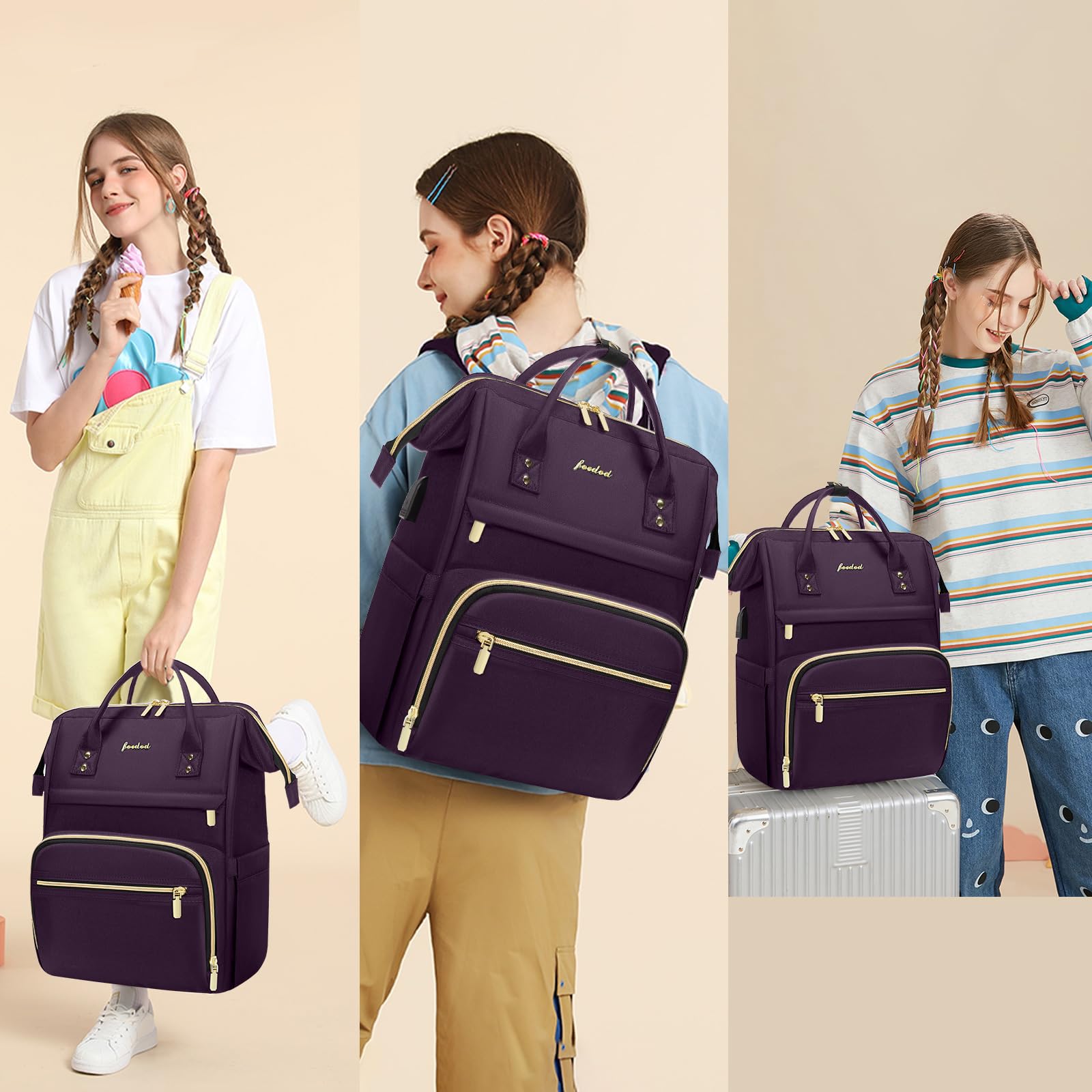 Stylish Dark Purple 15.6 Inch Waterproof Laptop Backpack for Women - Professional Work Bag with USB Port, Ideal for Travel, Nursing, Teaching, and Daily Commute