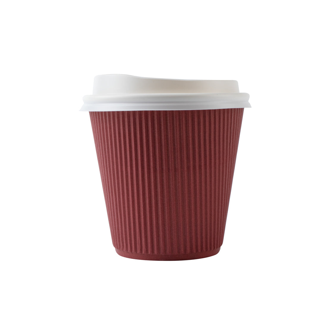 8 oz Crimson Ripple Wall Paper Coffee Cups with White Lids - 3.5