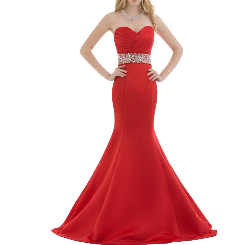 Kivary® Red Satin Mermaid Prom Dress with Crystals & Sweetheart Neckline - Elegant Long Formal Evening Gown for Homecoming, Wedding, and Special Occasions