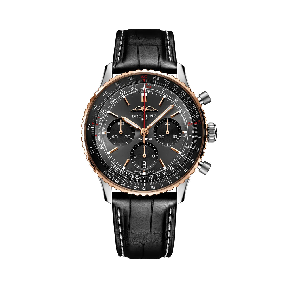 Breitling Navitimer B01 Chronograph Limited Edition - 43mm Steel & 18k Red Gold Watch with Black Leather Strap - Perfect for Aviation Enthusiasts & Luxury Collectors