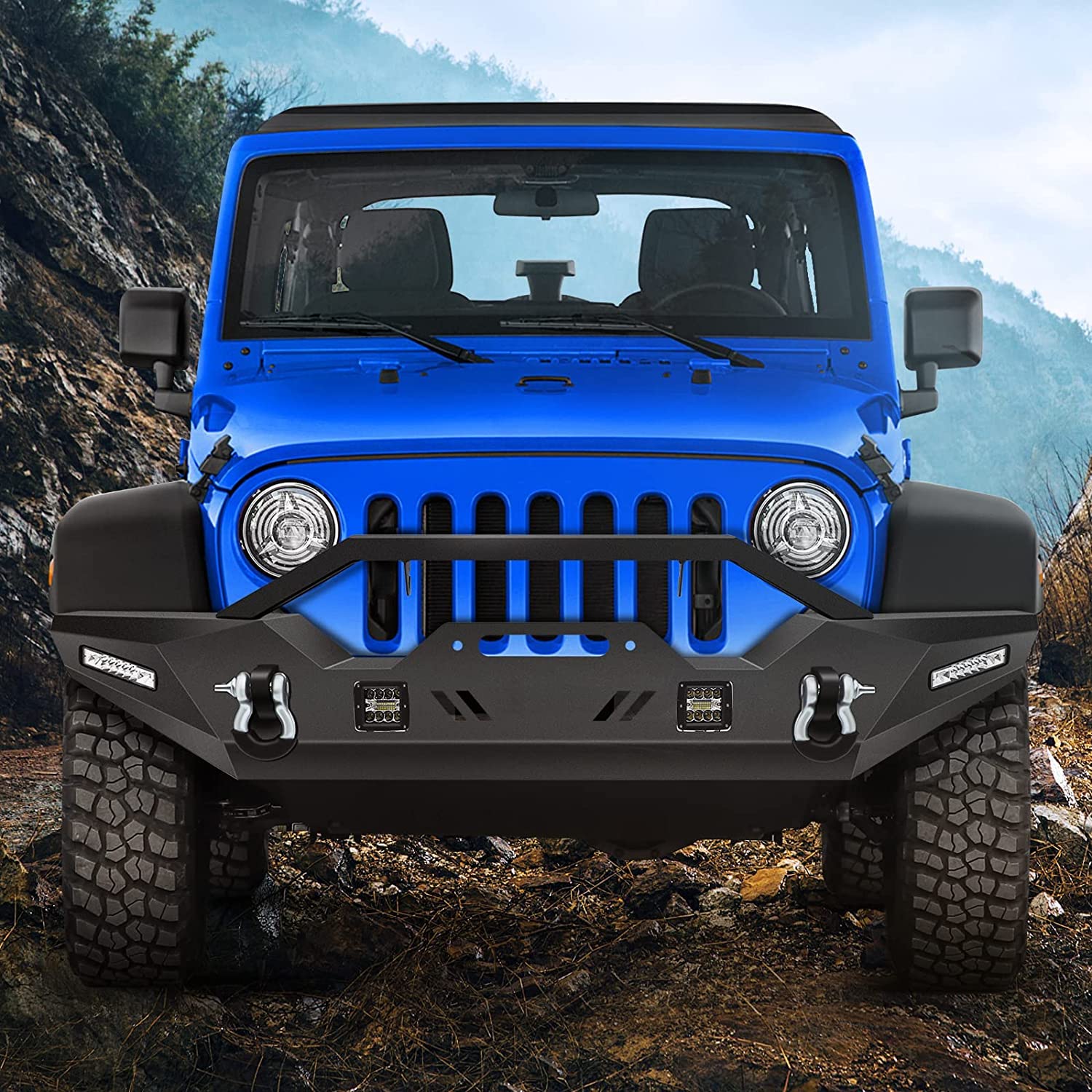 ECCPP Black Front Bumper with D-Ring & LED Lights & Winch Plate Compatible with 2007-2018 Jeep Wrangler JK - Heavy Duty Off-Road Protection for Adventure & Trail Riding