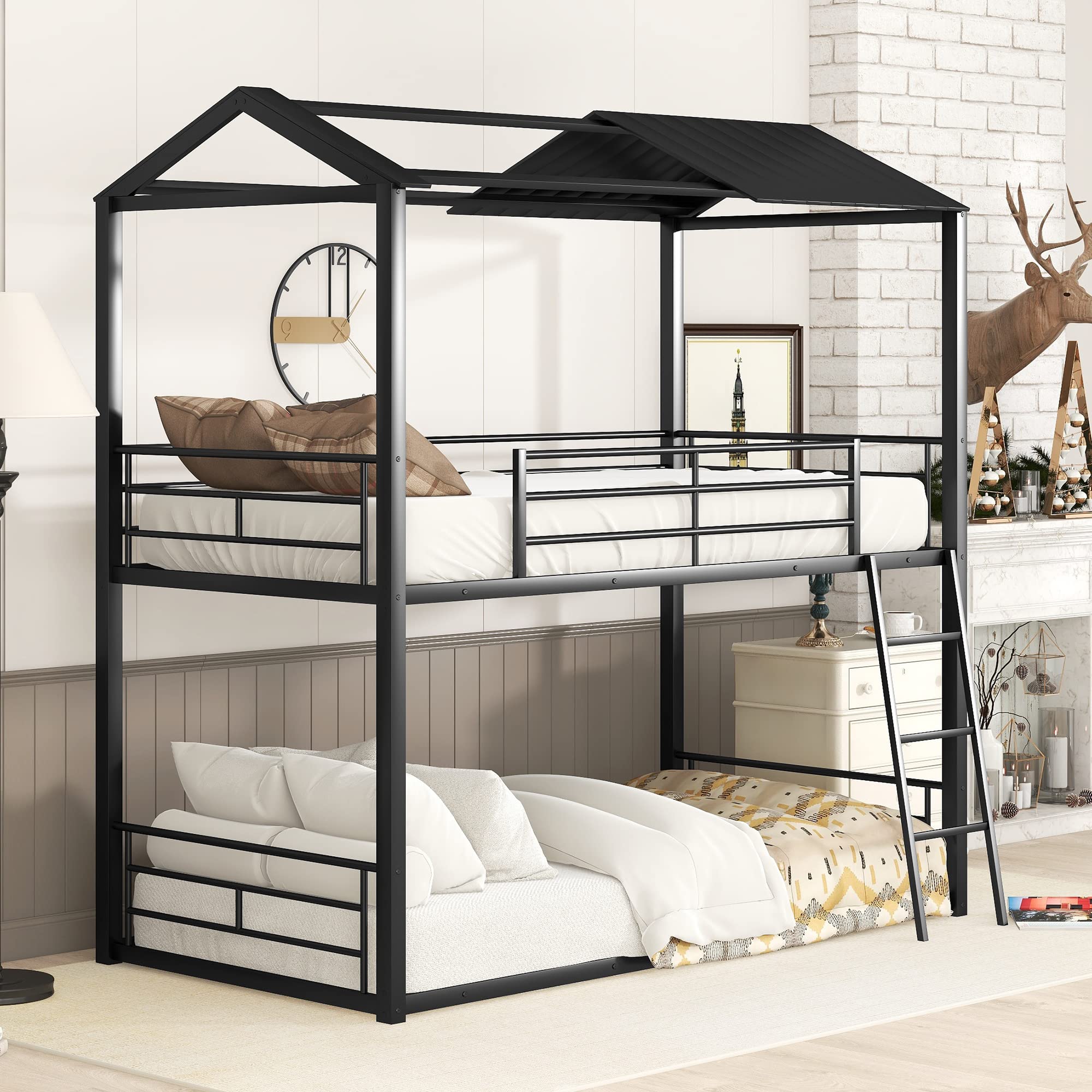 **Harper & Bright Designs Twin Over Twin Metal Bunk Bed with Half Roof, Guardrail & Ladder - Kids Playhouse Bed for Boys & Girls, No Box Spring Needed (Black) - Perfect for Small Bedrooms, Sleepovers & Playtime Fun**