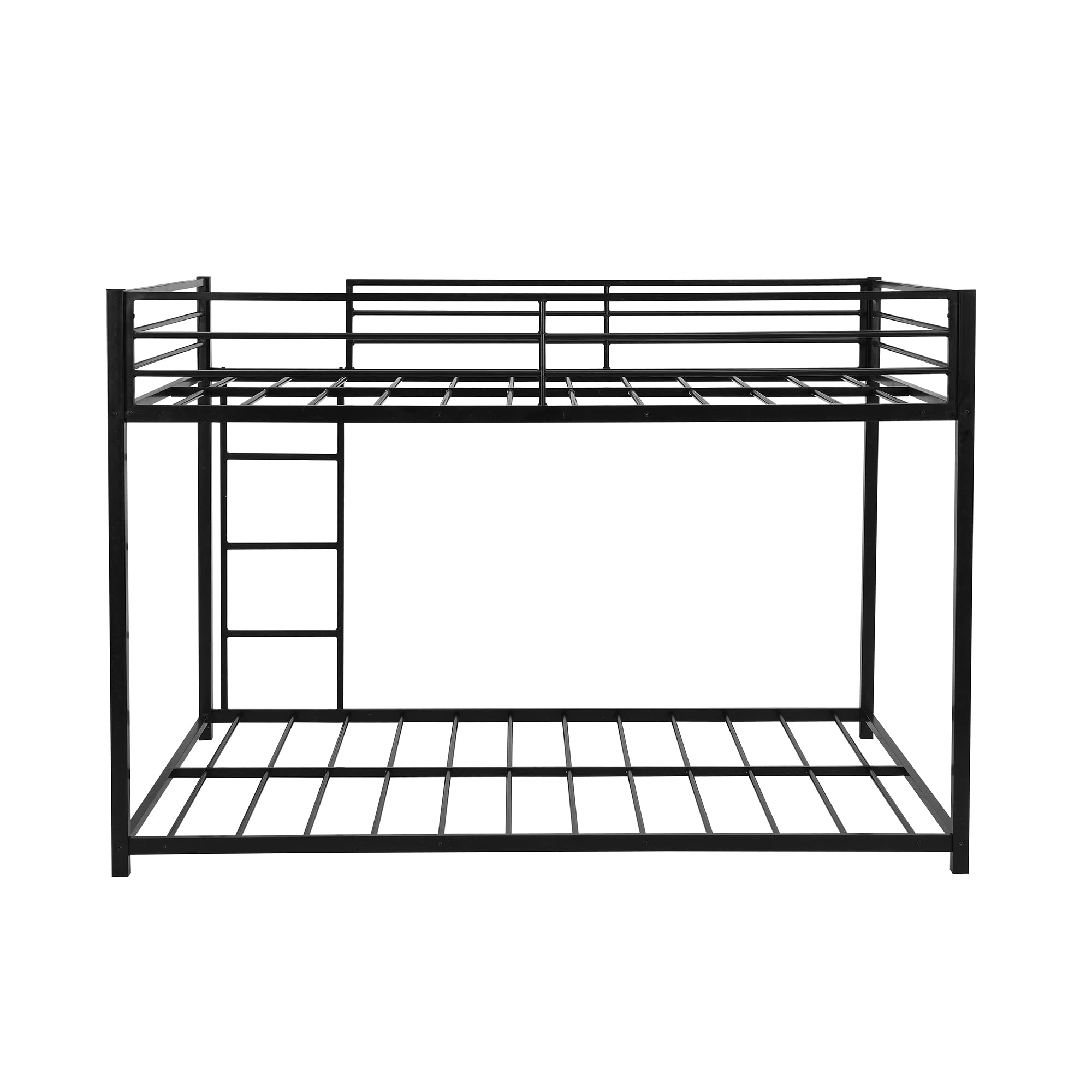 Full Over Full Metal Bunk Bed - Heavy Duty Low Profile Bunk Bed Frame with Safety Guard Rails & Flat Ladder for Kids, Teens, Adults (Black) | Perfect for Small Rooms, Dorms, Guest Rooms & Space-Saving Solutions