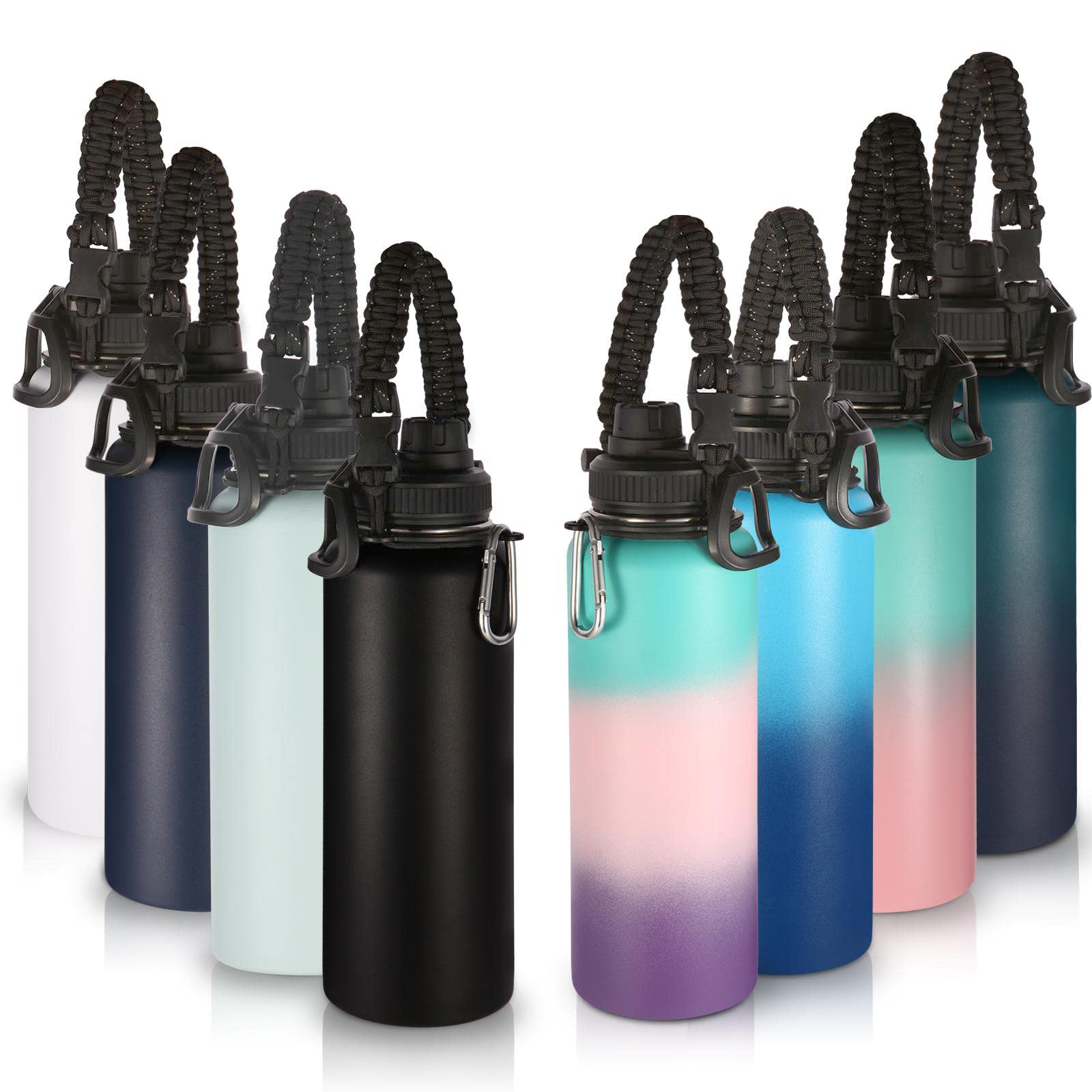 Volhoply 8 Pack Insulated Stainless Steel Water Bottles 40 oz - Double Wall Vacuum Insulation, Wide Mouth, Paracord Handle & Spout Lid - Reusable Sports Water Jug for Gym, Hiking, Camping & Outdoor Activities (8 Colors)