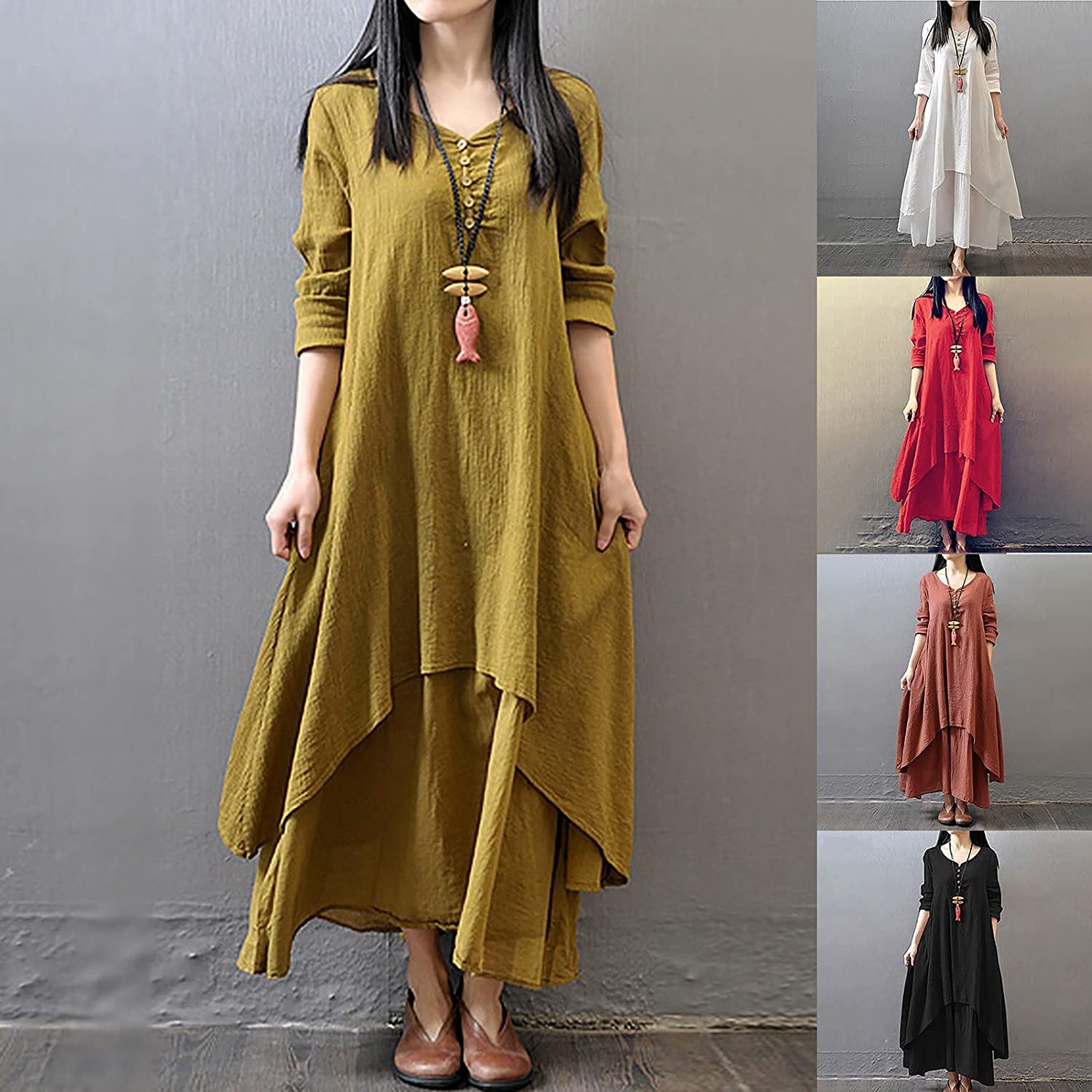 Women's Plus Size Cotton Linen Boho Dress - Long Sleeve Loose Caftan with Irregular Double Layer Design for Beach, Vacation & Summer Outfits