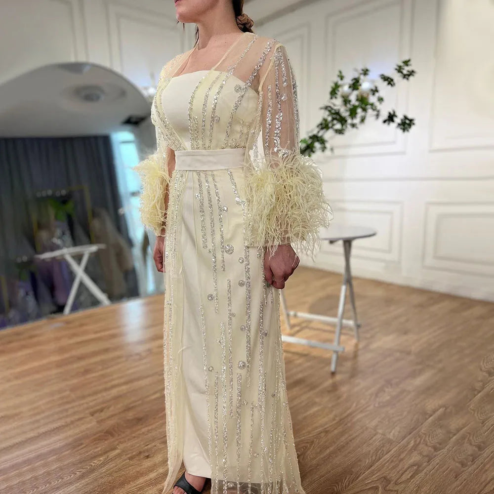Elegant Light Yellow Feather Evening Gown for Wedding, Party, Prom - LA71759 | Perfect for Bridesmaids, Formal Events & Special Occasions