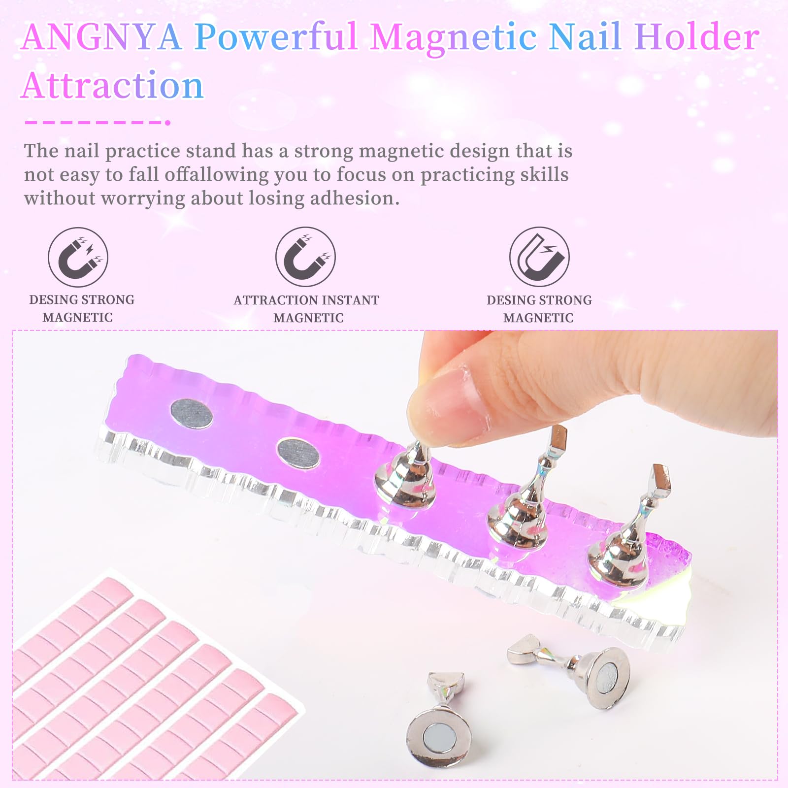 ANGNYA 2-Piece Aurora Nail Stand Set with 96 Reusable Sticky Putty - Magnetic Nail Art Display Holder for Press-On & Hand Practice - Perfect for Home Nail Salon & Professional Manicure Stations