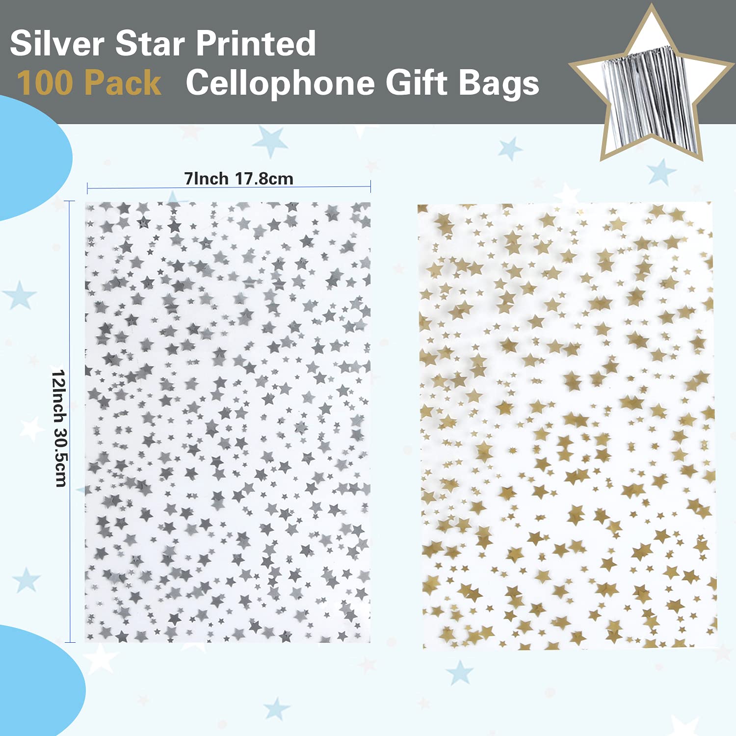 100 Pcs Silver Star Printed 7