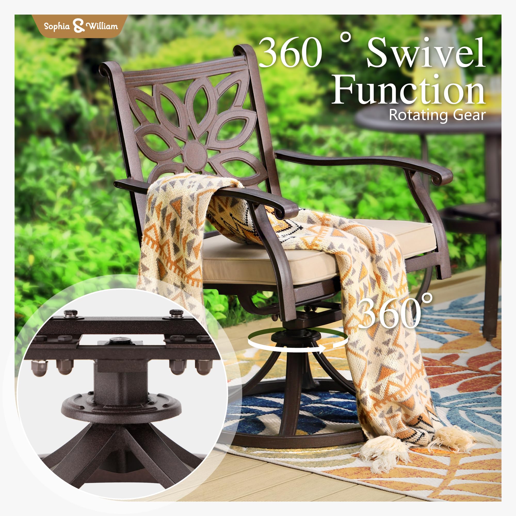 Sophia & William 2-Piece Brown Cast Aluminum Swivel Rocker Patio Dining Chairs Set - 350 lbs Weight Capacity - Outdoor Furniture for Garden, Deck, Poolside & Backyard Dining