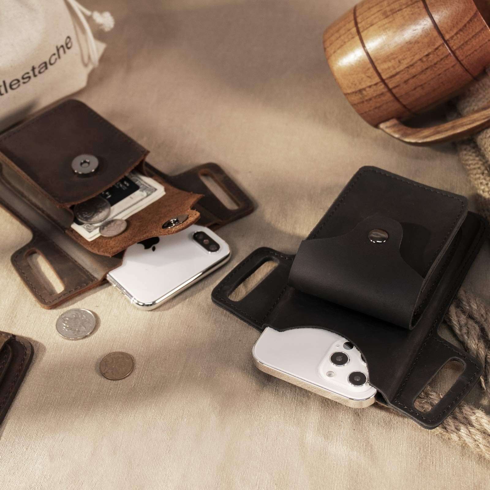 Gentlestache Leather Belt Phone Holster with Small Pocket - Premium Leather Cell Phone Case & Holder for Men & Women, Ideal for Outdoor, Work, and Everyday Use