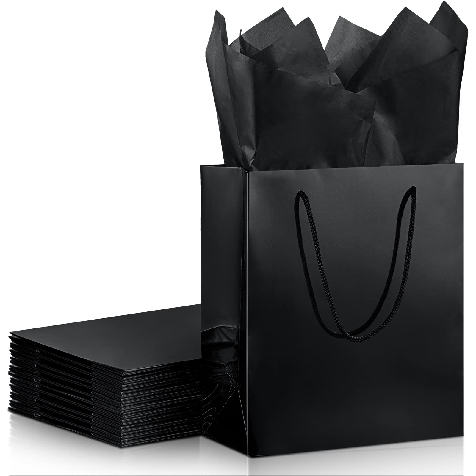 12 Pack Black Metallic Gift Bags with Handles - 9x8x4 Inch Bulk Party Favor Bags & 12 Sheets Gift Tissue Wrapping Paper - Perfect for Birthdays, Weddings, Baby Showers & Holiday Celebrations - Elegant Packaging Solution for Gifts, Favors & Retail Displays