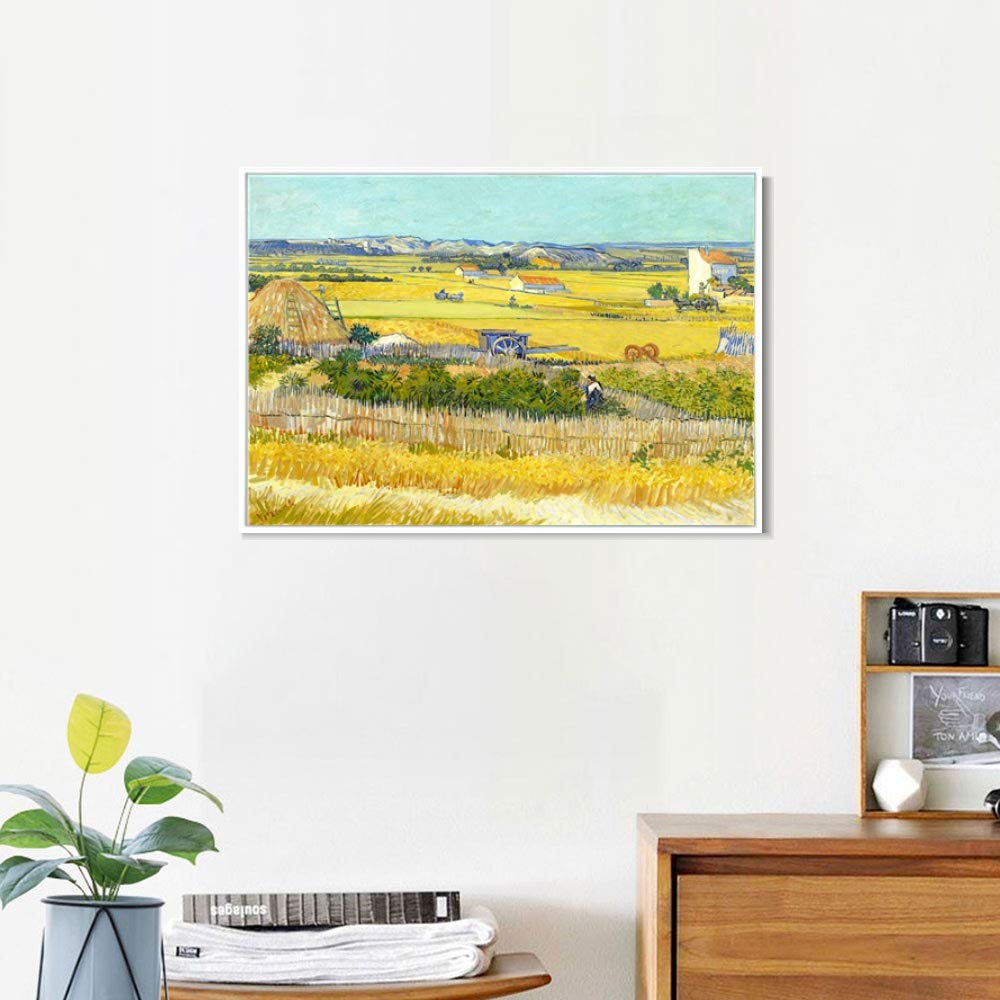 INVIN ART 100% Hand Painted Framed Canvas - Van Gogh Harvest Landscape with Blue Cart Oil Painting Reproduction, 28x40 Inch Modern Wall Art Decor (White Slim Frame) | Perfect for Living Room, Bedroom & Office Decor