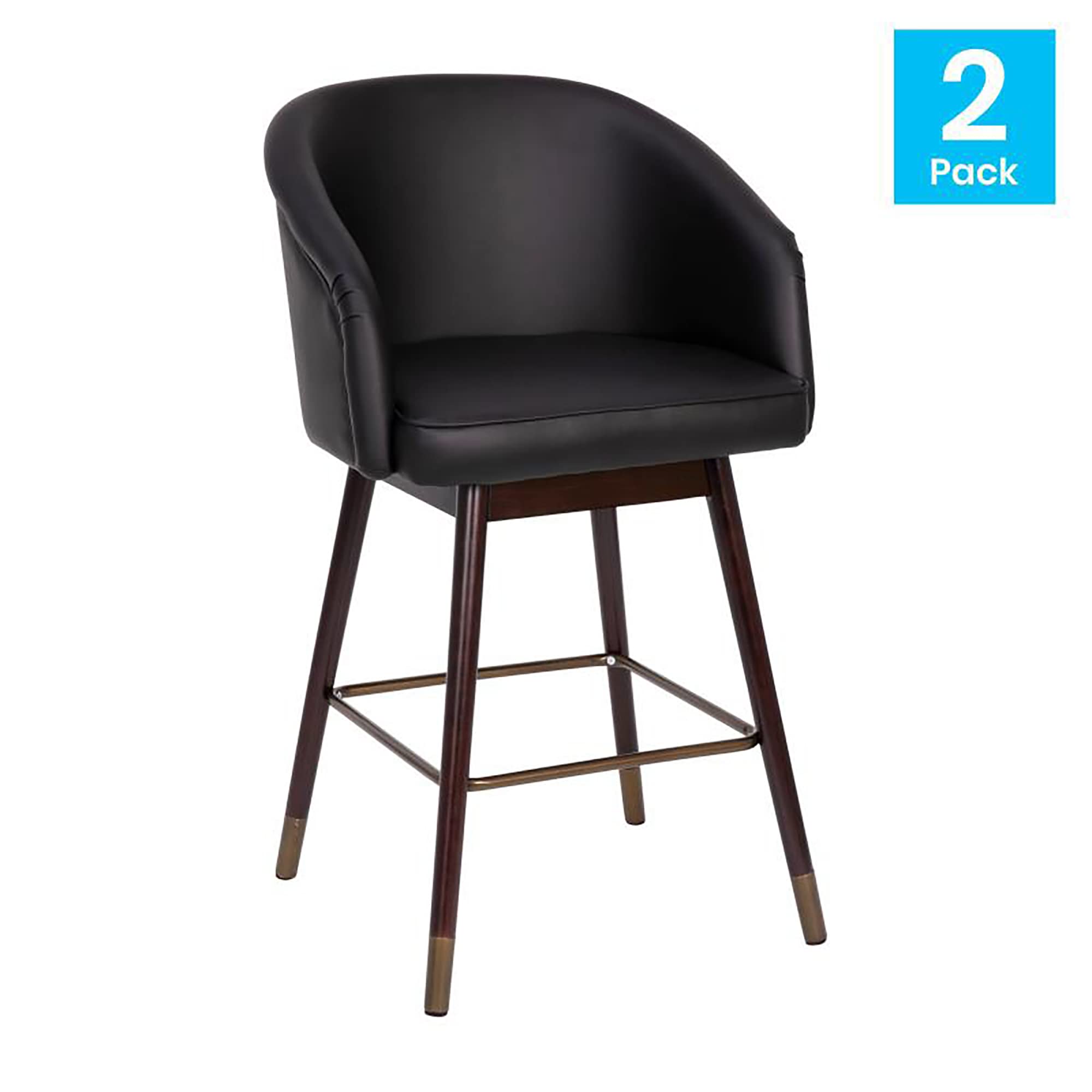 Flash Furniture Margo Commercial Grade Mid-Back Counter Stools - Set of 2 Black LeatherSoft Upholstered Bar Stools with Walnut Finish Beechwood Legs & Bronze Accents - 26