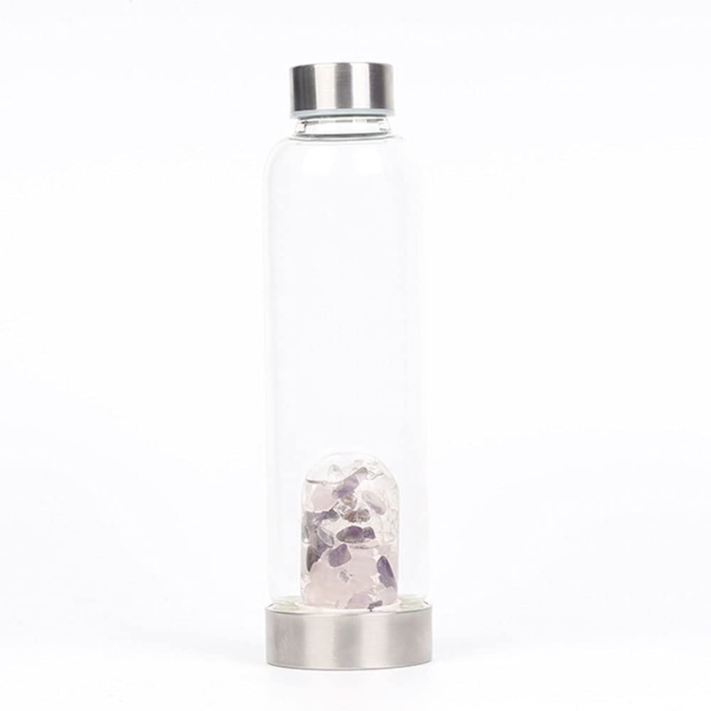 Natural Amethyst Crystal Water Bottle - 550ml/18oz Reusable Gemstone Infused Glass Bottle with Quartz Wand for Energy & Reiki Healing | Perfect for Yoga, Meditation & Holistic Wellness
